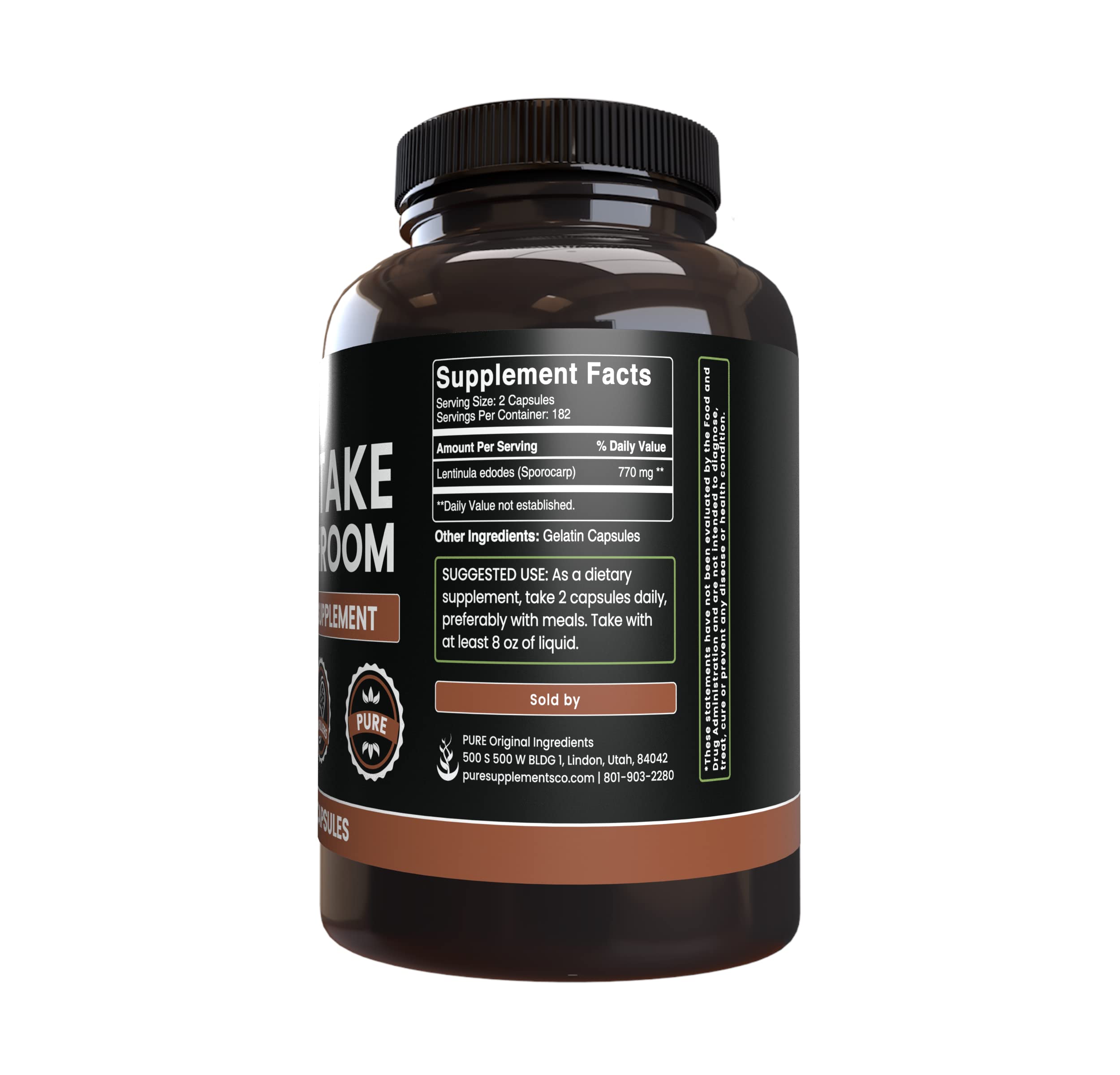 Shiitake Mushroom Capsules | Pure Original Ingredients, 365 Capsules, No Fillers, Lab Verified