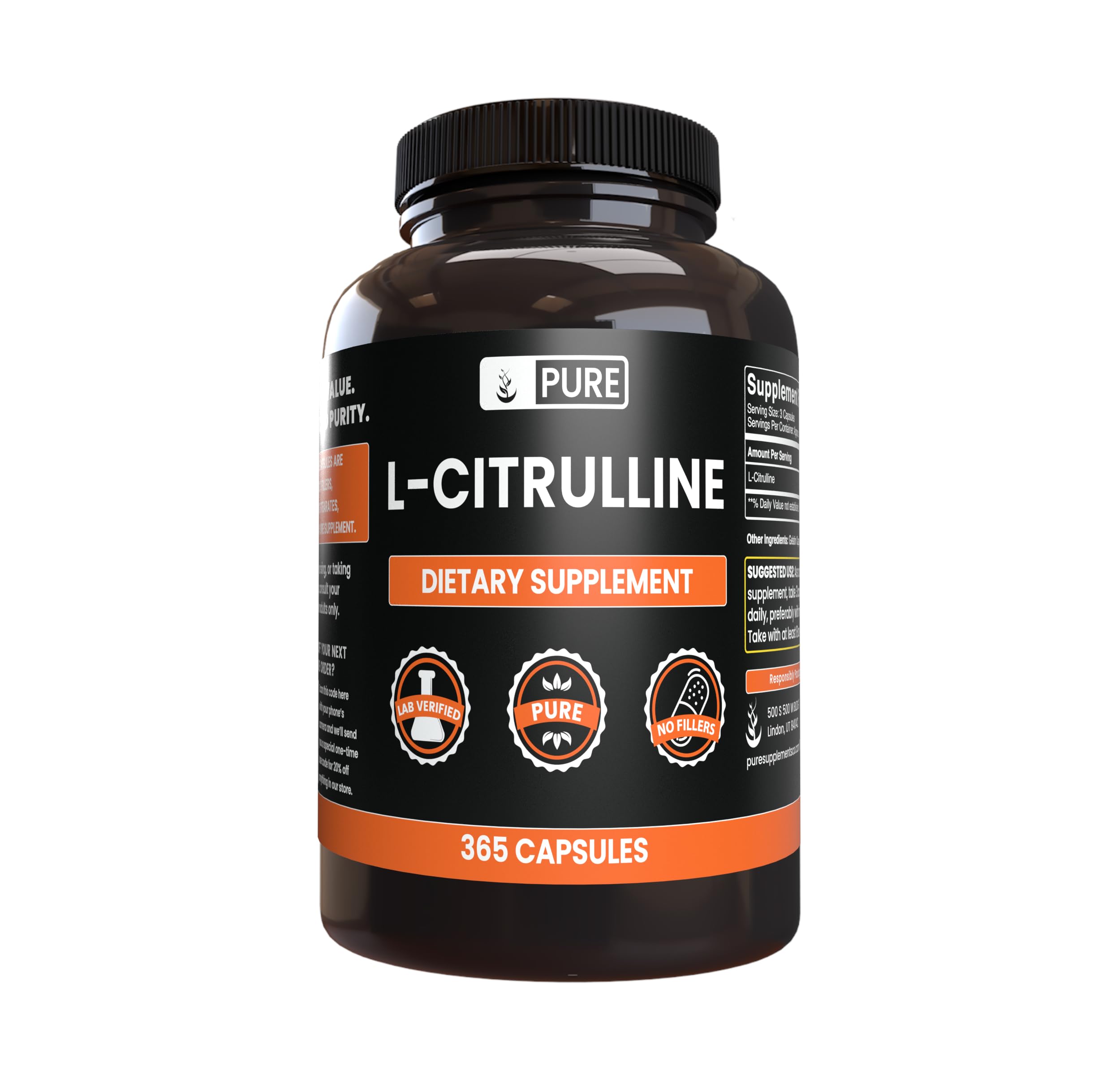 Pure Original L-Citrulline (365 Capsules) – No Magnesium or Rice Fillers, Always Pure, Lab Verified