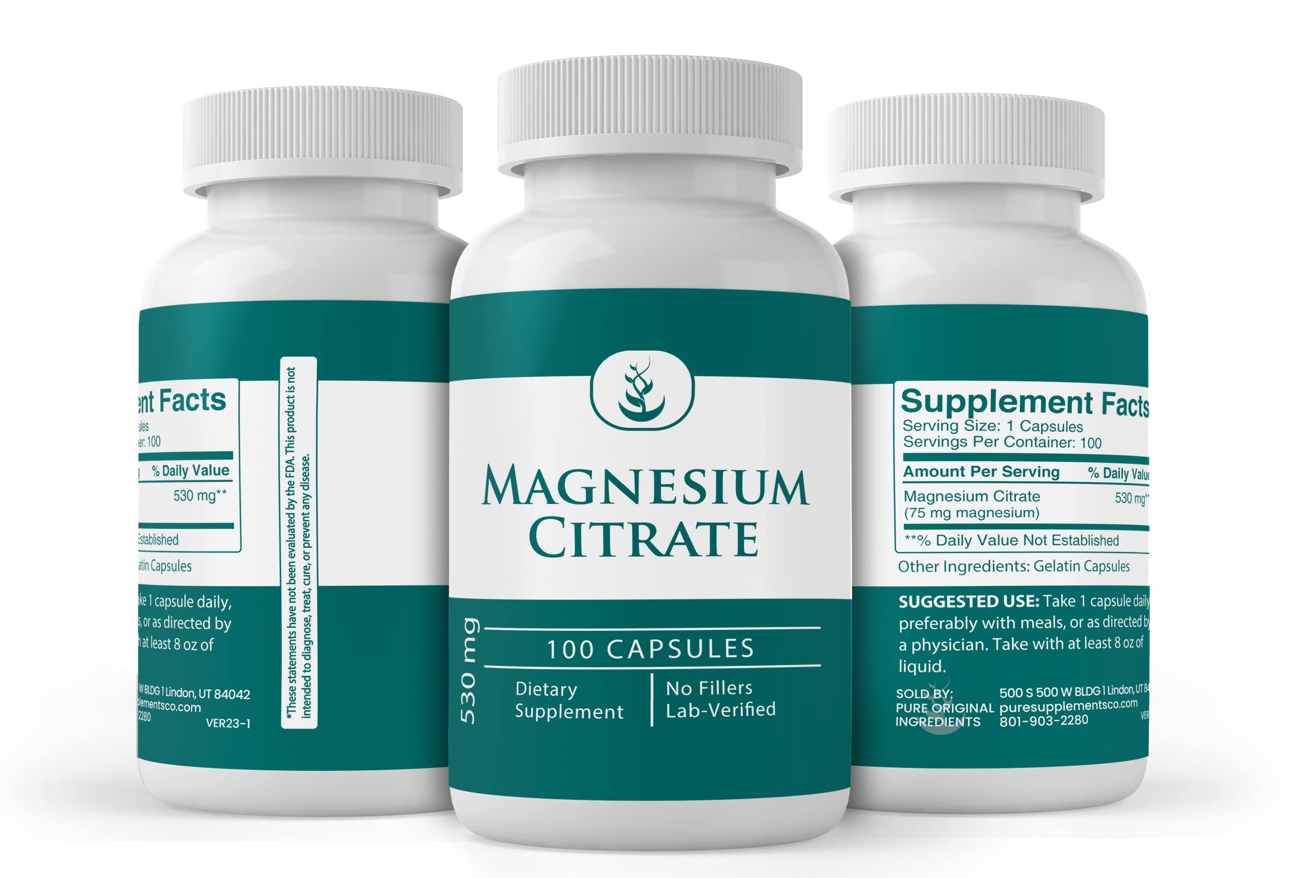 Pure Original Magnesium Citrate Capsules – 100 Count | Lab Verified, No Additives