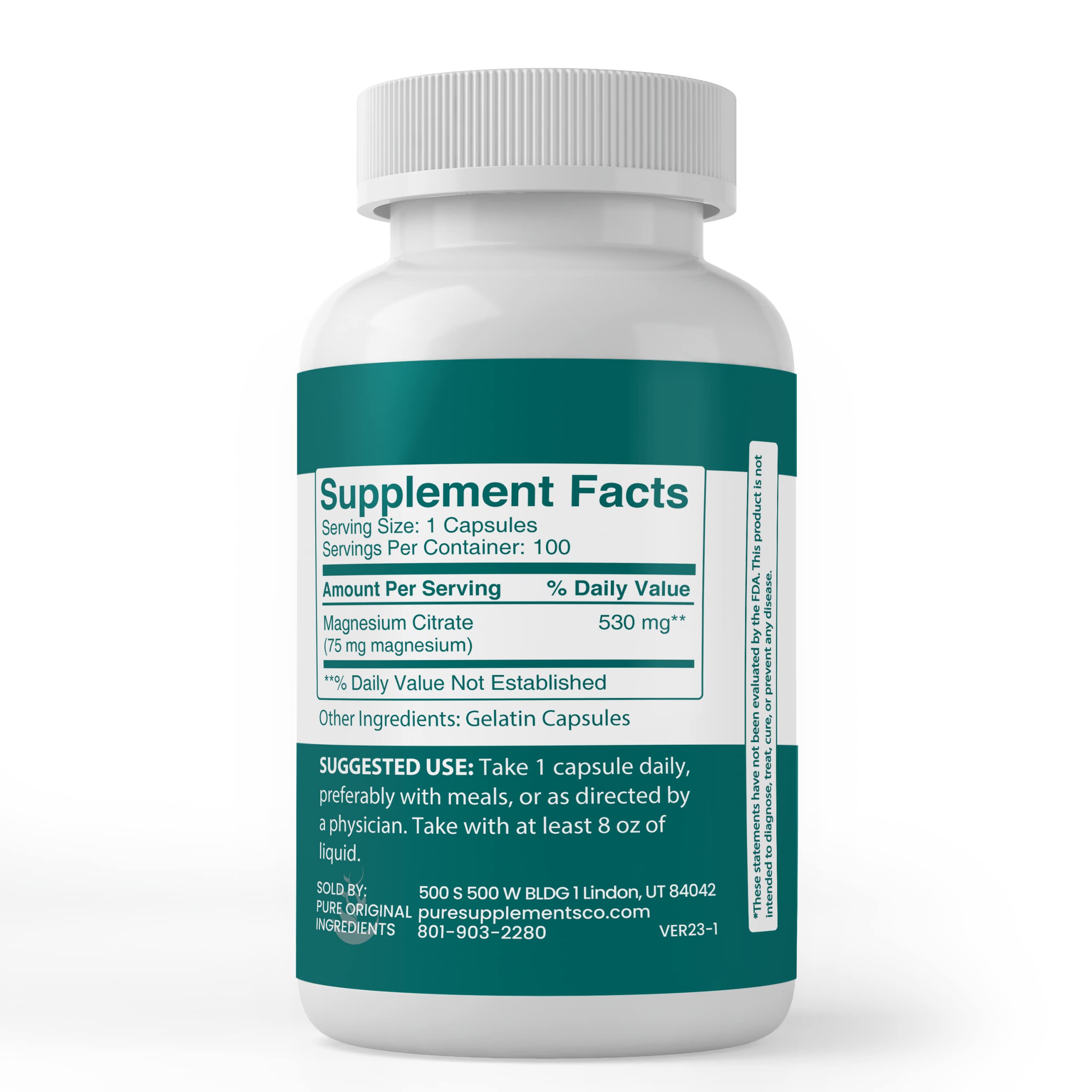 Pure Original Magnesium Citrate Capsules – 100 Count | Lab Verified, No Additives