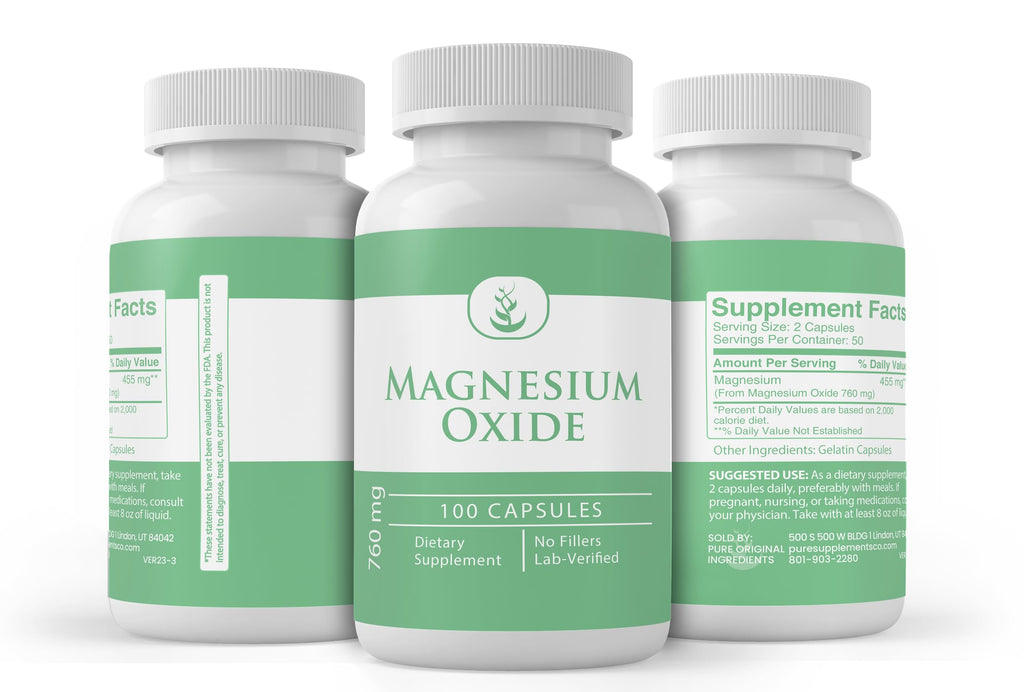Pure Magnesium Oxide 100 Capsules | Always Pure, No Additives or Fillers | Lab Verified