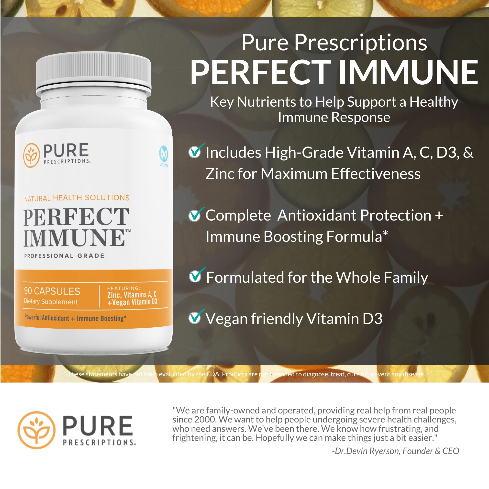 Pure Prescriptions Perfect Immune – 4 in 1 Immune Support (C, D3, Zinc, A) – USA Made