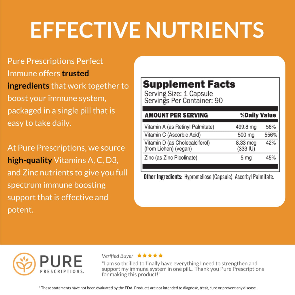 Pure Prescriptions Perfect Immune – 4 in 1 Immune Support (C, D3, Zinc, A) – USA Made