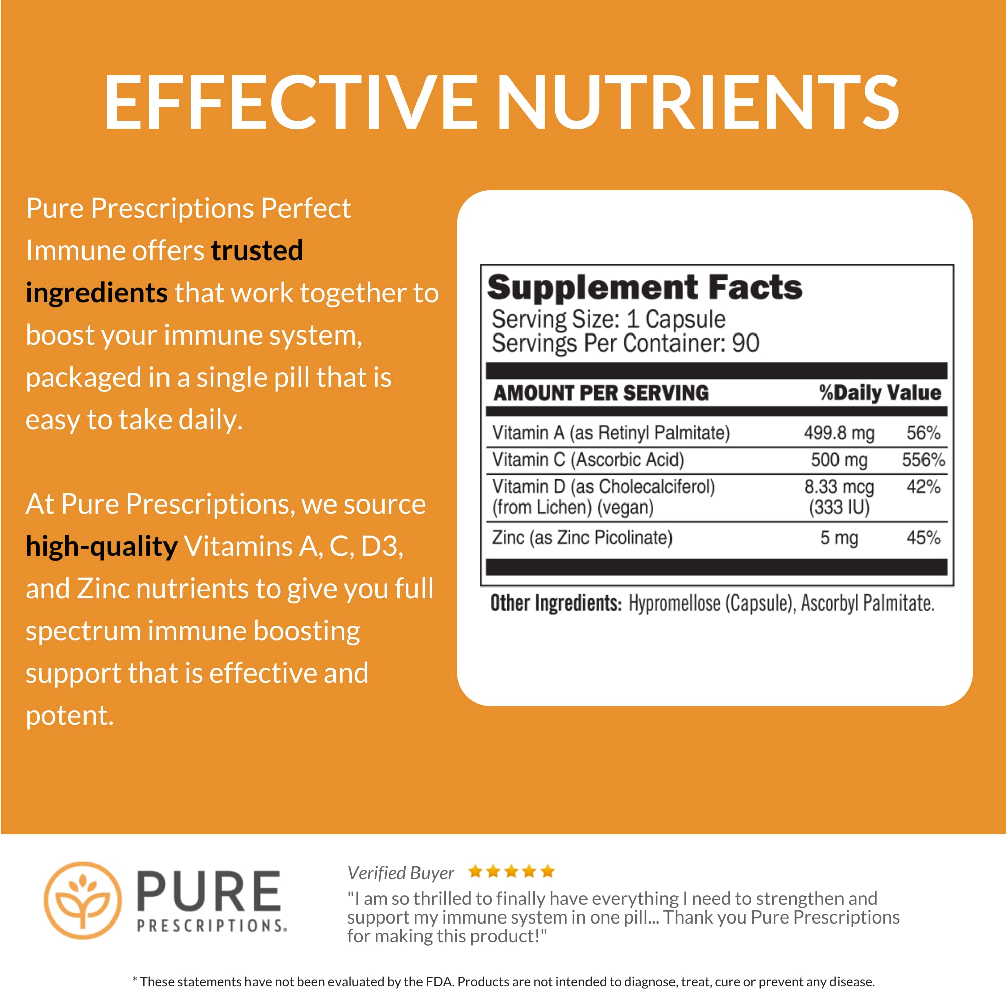 Pure Prescriptions Perfect Immune – 4 in 1 Immune Support (C, D3, Zinc, A) – USA Made