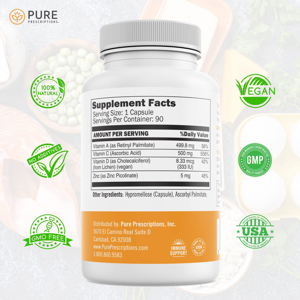 Pure Prescriptions Perfect Immune – 4 in 1 Immune Support (C, D3, Zinc, A) – USA Made