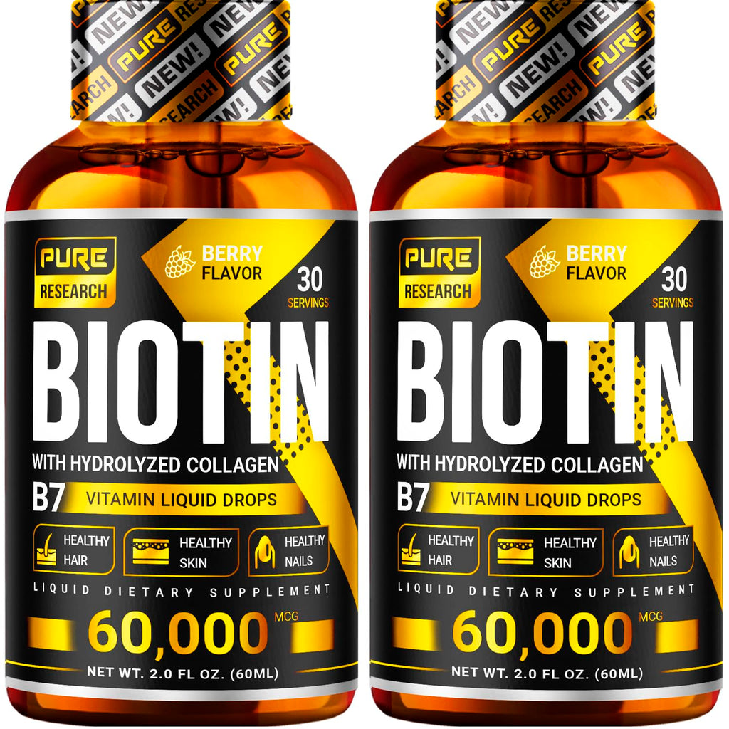 PURE RESEARCH Biotin & Collagen 60,000mcg Hair Growth Liquid Drops – Strong Nails, Healthy Hair & Glowing Skin (4 Fl Oz)