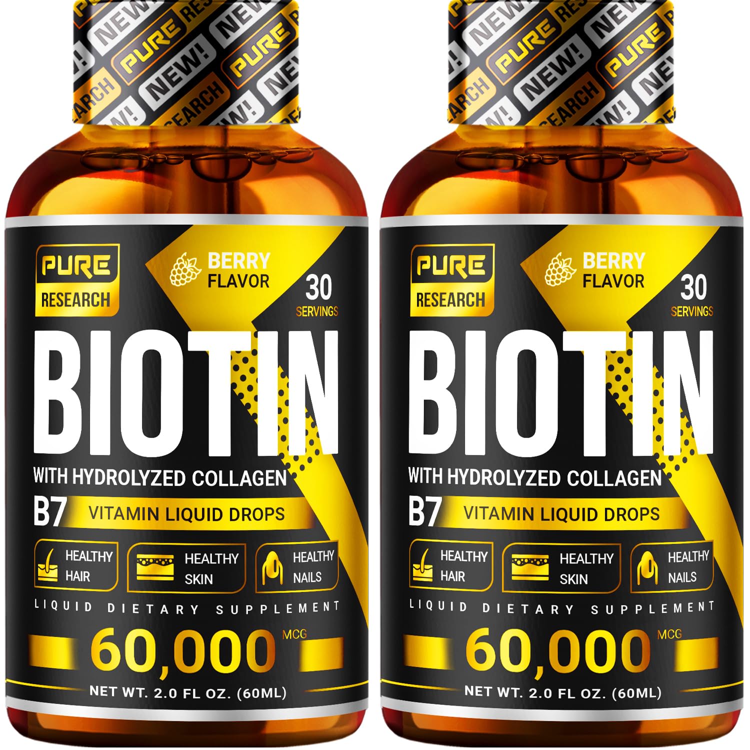 PURE RESEARCH Biotin & Collagen 60,000mcg Hair Growth Liquid Drops – Strong Nails, Healthy Hair & Glowing Skin (4 Fl Oz)