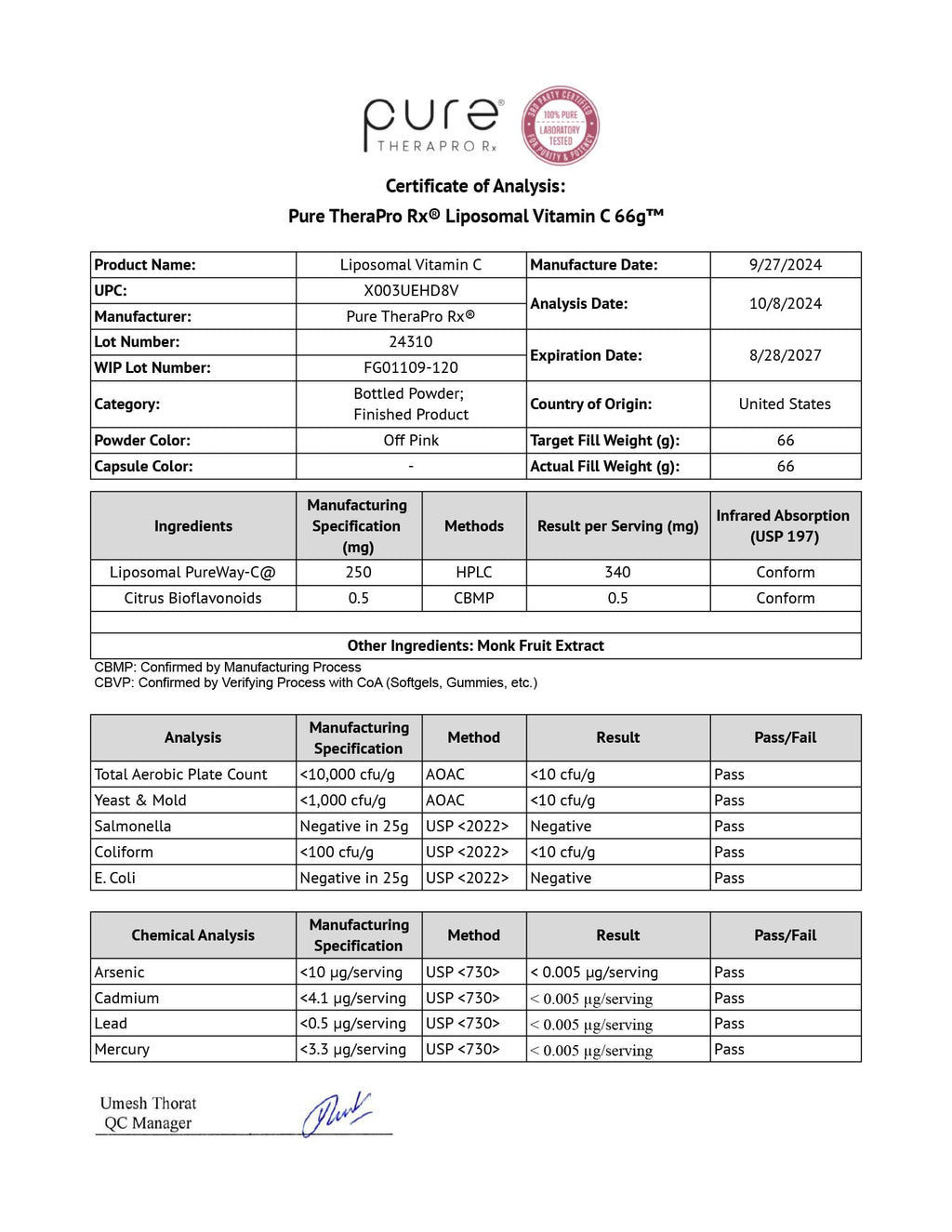 Pure TheraPro Rx Liposomal Vitamin C Powder – Patented PureWay-C, Vegan, Non-GMO, Made in USA (66g, 120 Servings)