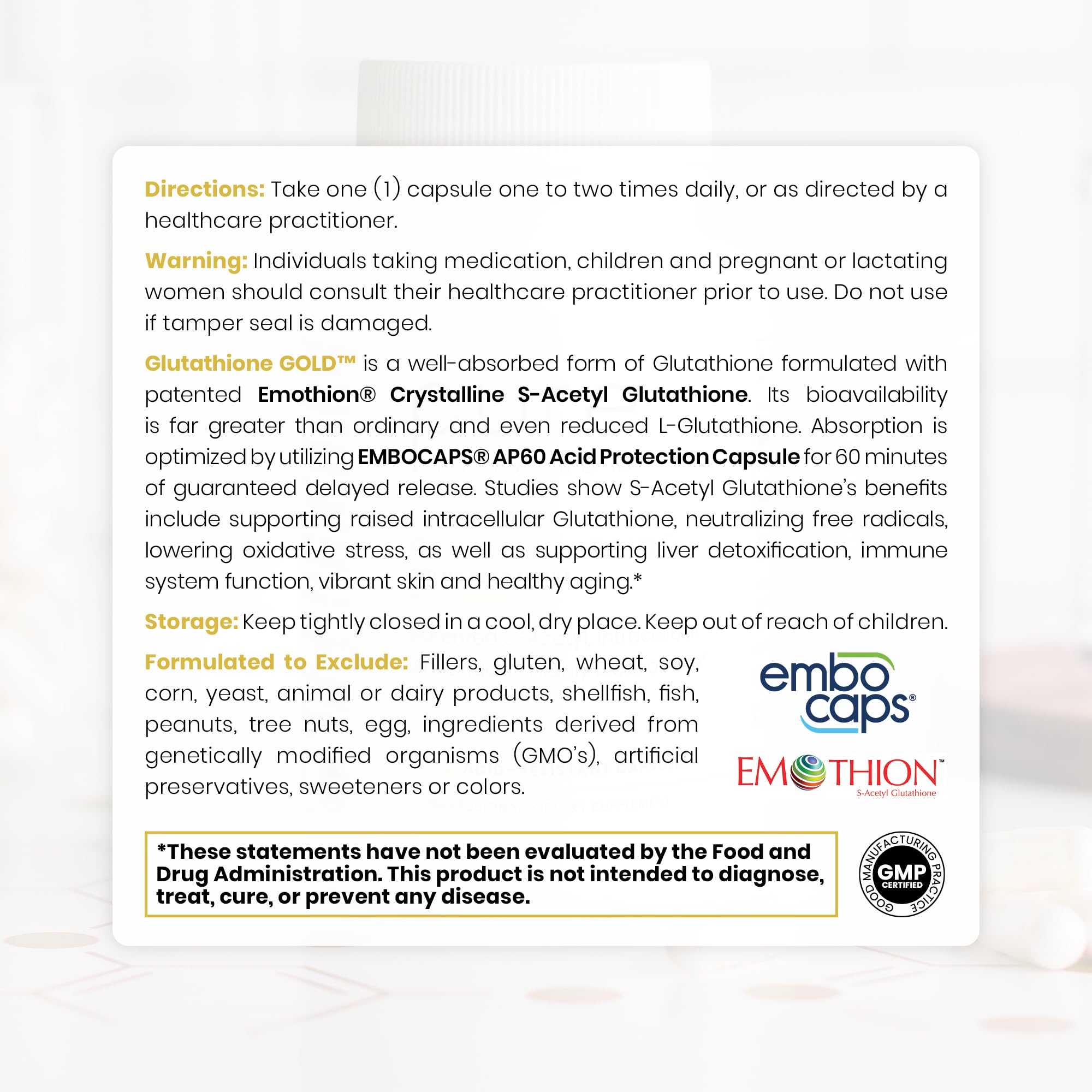 Pure Therapro Rx S-Acetyl Glutathione Gold 300mg Capsule – 60 Caps | EMOTHION Patented Form