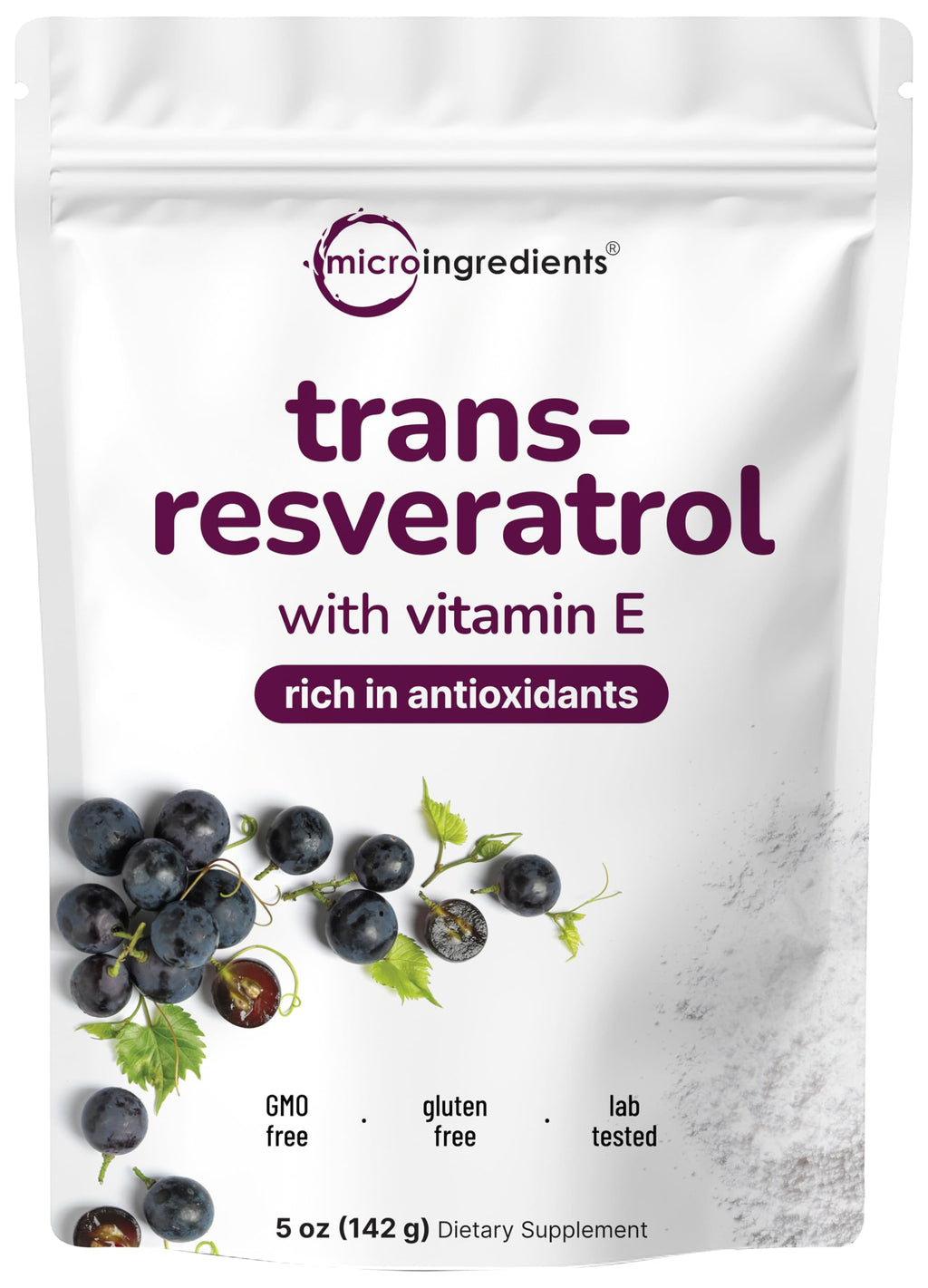 Pure Trans-Resveratrol Powder with Vitamin E – 5 oz, 2-in-1 Micronized Formula