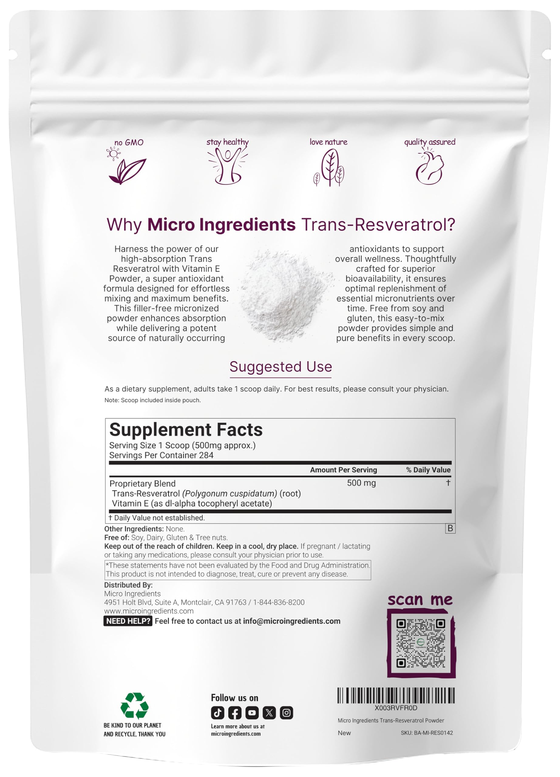 Pure Trans-Resveratrol Powder with Vitamin E – 5 oz, 2-in-1 Micronized Formula