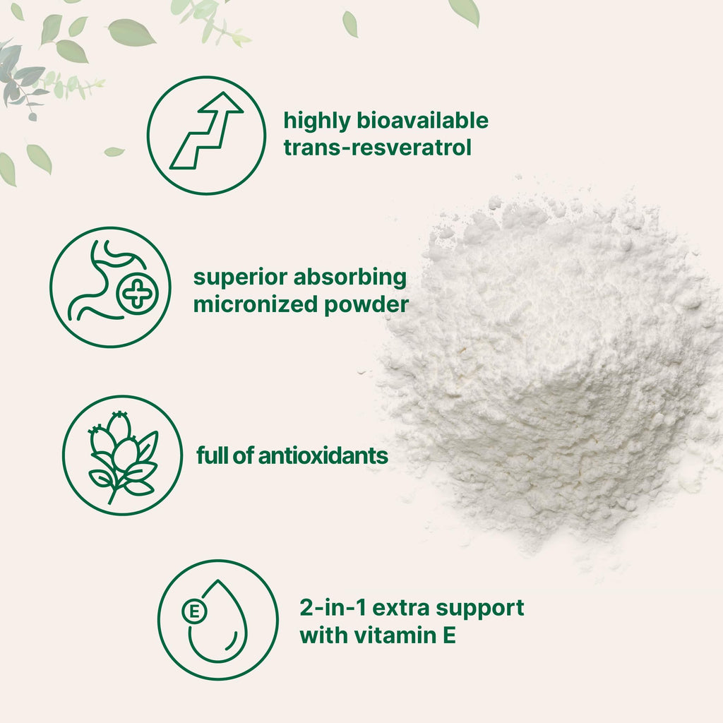 Pure Trans-Resveratrol Powder with Vitamin E – 5 oz, 2-in-1 Micronized Formula