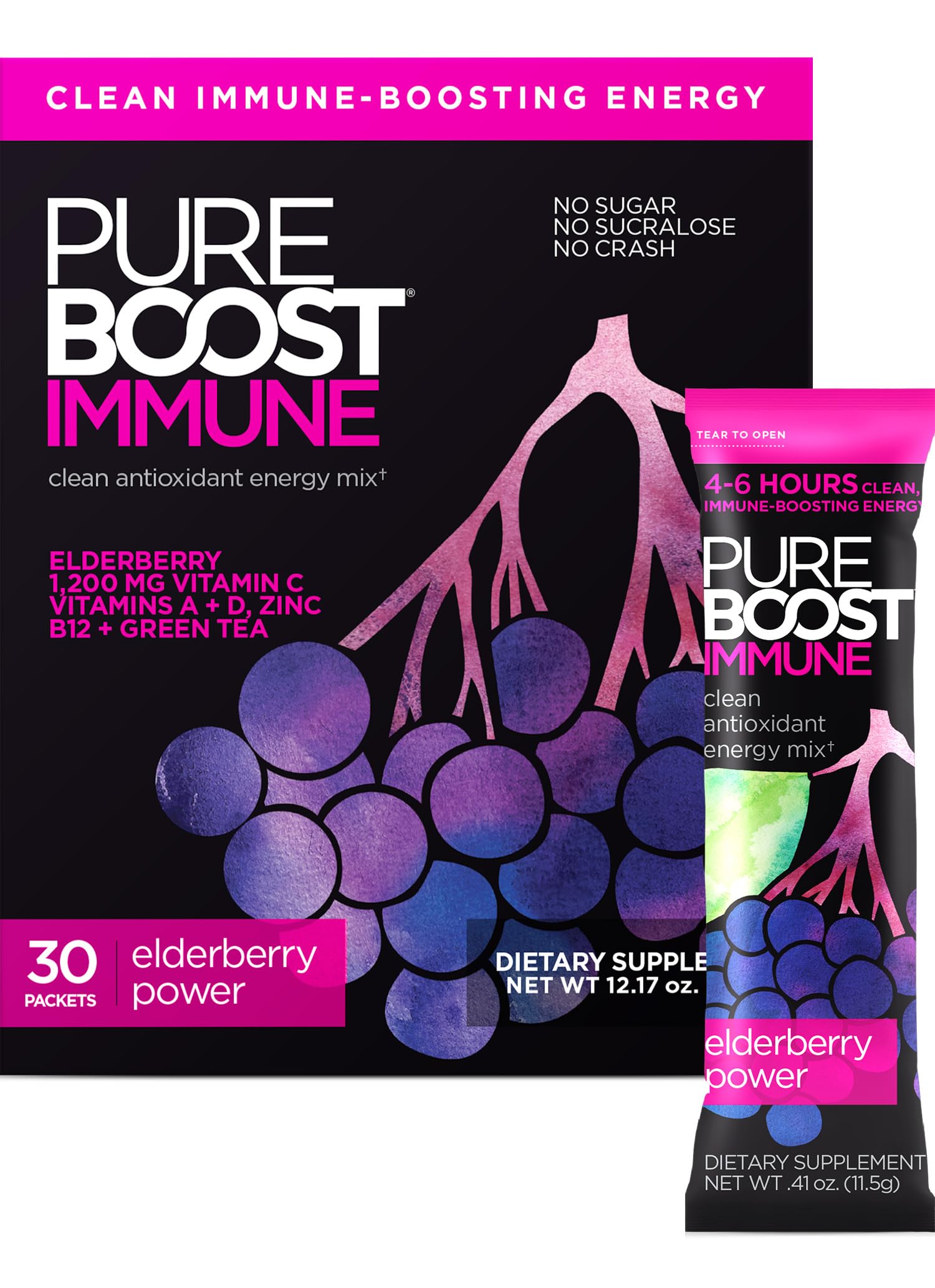 Pureboost Immune Clean Energy Booster - Elderberry Power, Vitamin C 1200 mg