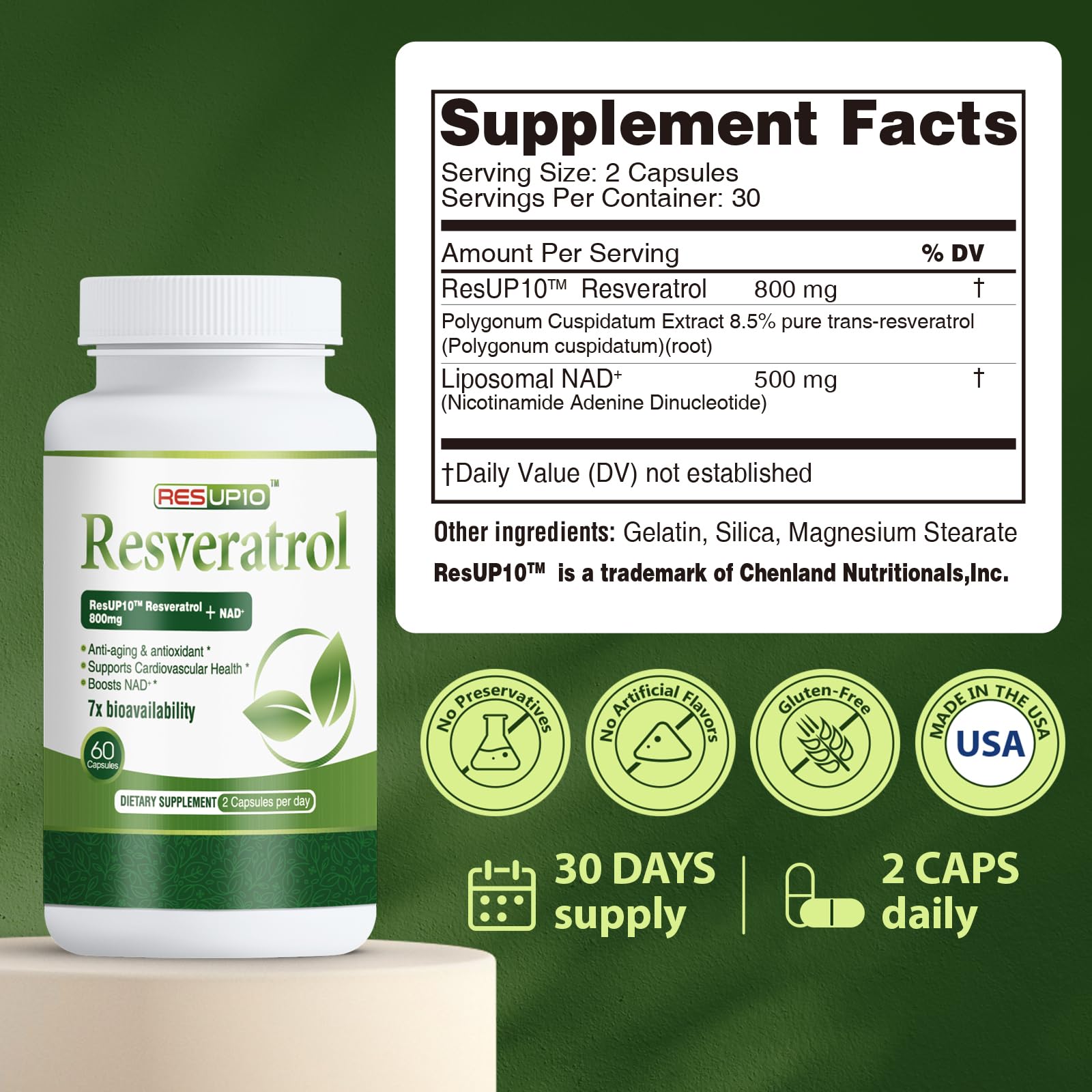 PureBotan Liposomal NAD+ Resveratrol 1300mg – ResUP10, 60 Capsules