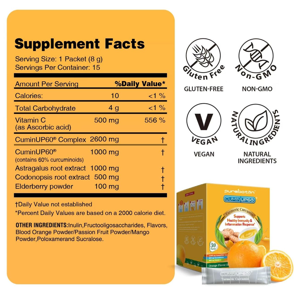 PureBotan Turmeric Curcumin Drink Powder | Orange Immunity Shots with Vitamin C