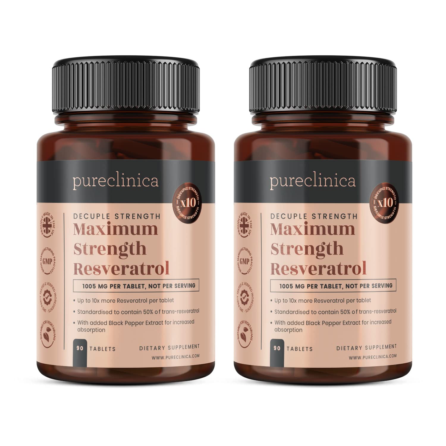Pureclinica 1000mg Resveratrol - 180 Tablets (6 Months) + Black Pepper Absorption