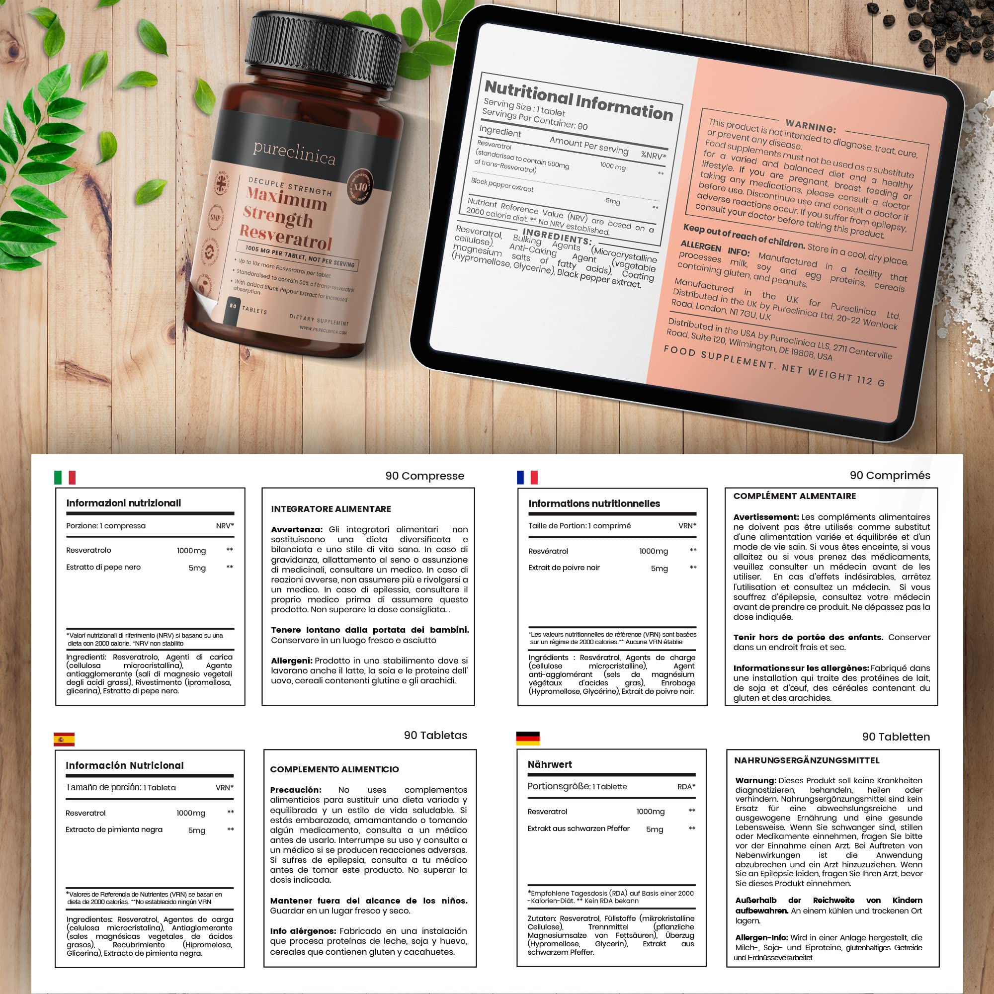 Pureclinica 1000mg Resveratrol - 180 Tablets (6 Months) + Black Pepper Absorption