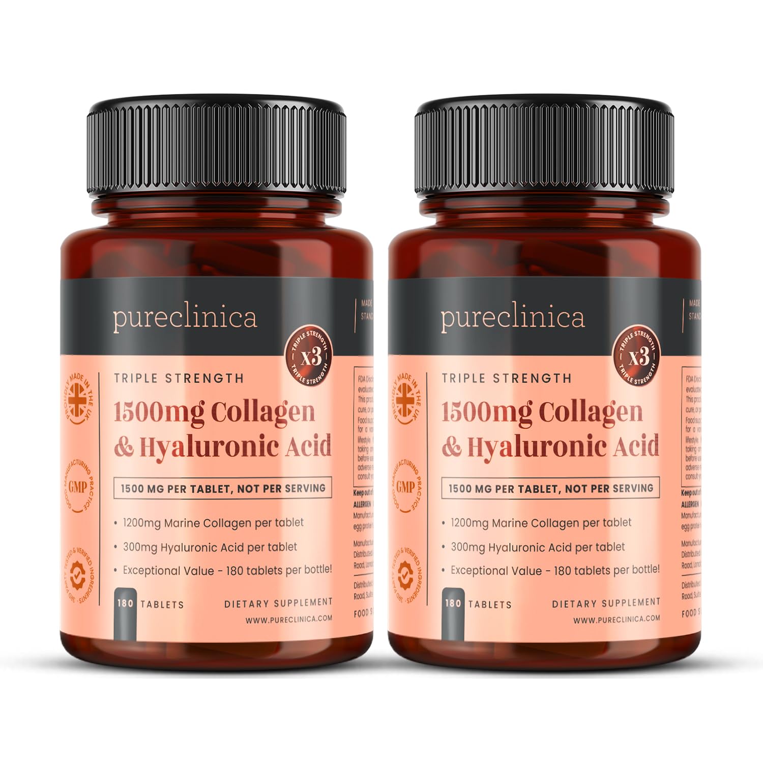 PureClinica UltraColl Collagen & Hyaluronic Acid 1500mg – 360 Tablets (2 x 180) | 1 Year Supply