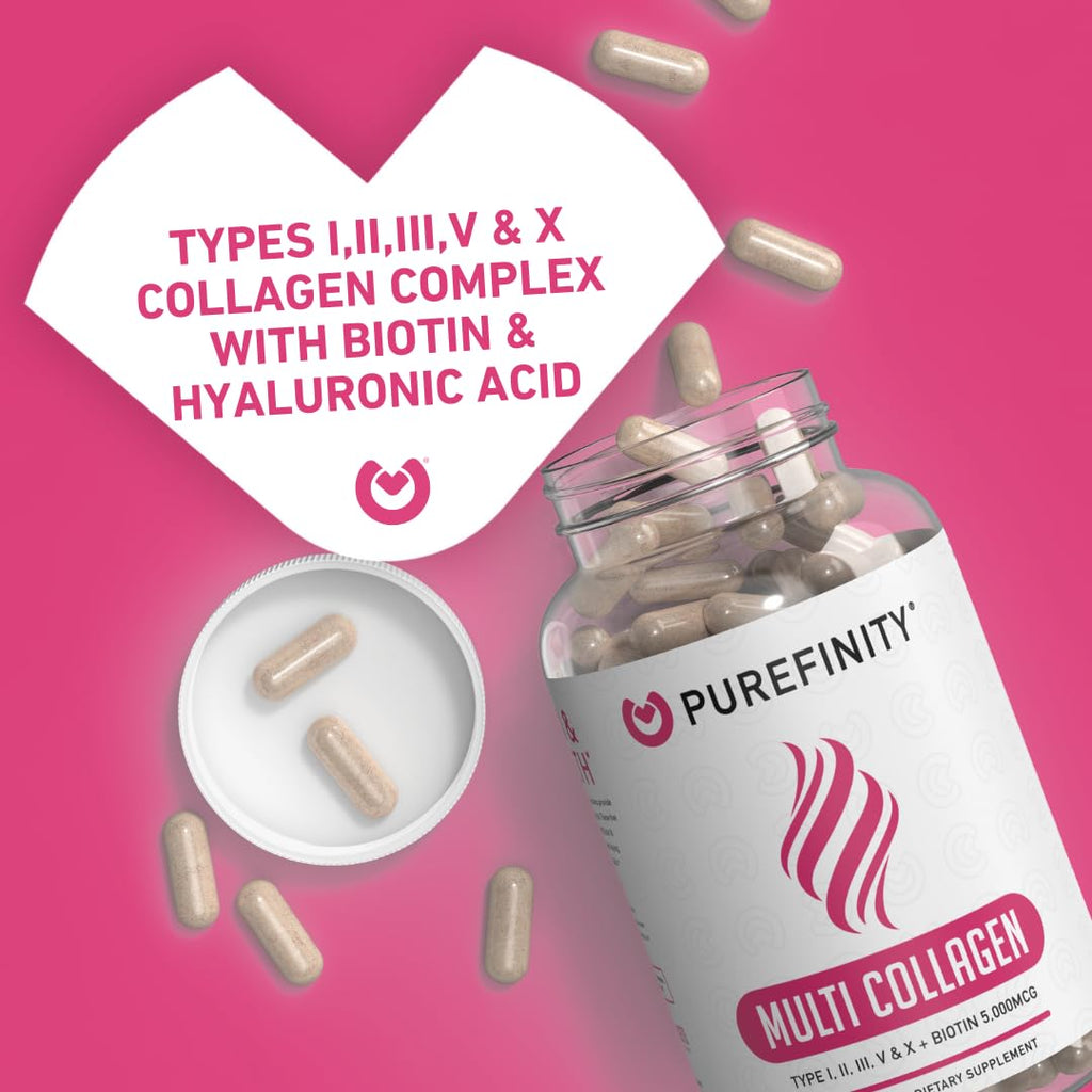 PUREFINITY Collagen Peptides for Women – Multi-Type I/II/III/V/X with Biotin & Hyaluronic Acid | 90 Capsules