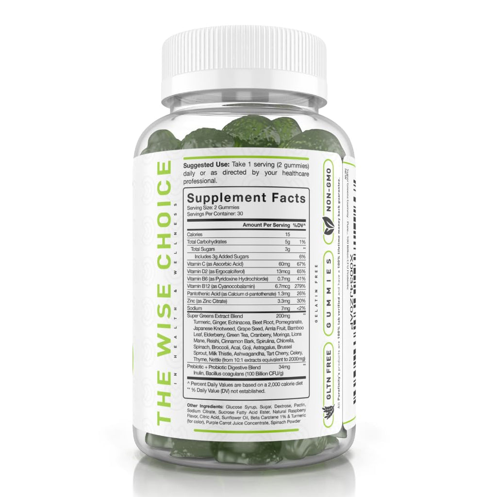 PUREFINITY Daily Super Greens Gummies with Spirulina, Spinach, Broccoli, Beet Root, Acai, and Other Vegetables, All-in-One Veggie Supplement – Non-GMO, Gluten Free, Vegan, 60 Count (Pack of 2)