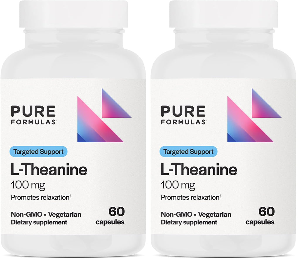 PureFormulas L-Theanine Supplement 100 mg – Supports Stress Levels, Relaxed State, Mood, Sleep | Dairy Free, Soy Free, Non-GMO (60 Vegetarian Capsules, Pack of 2)
