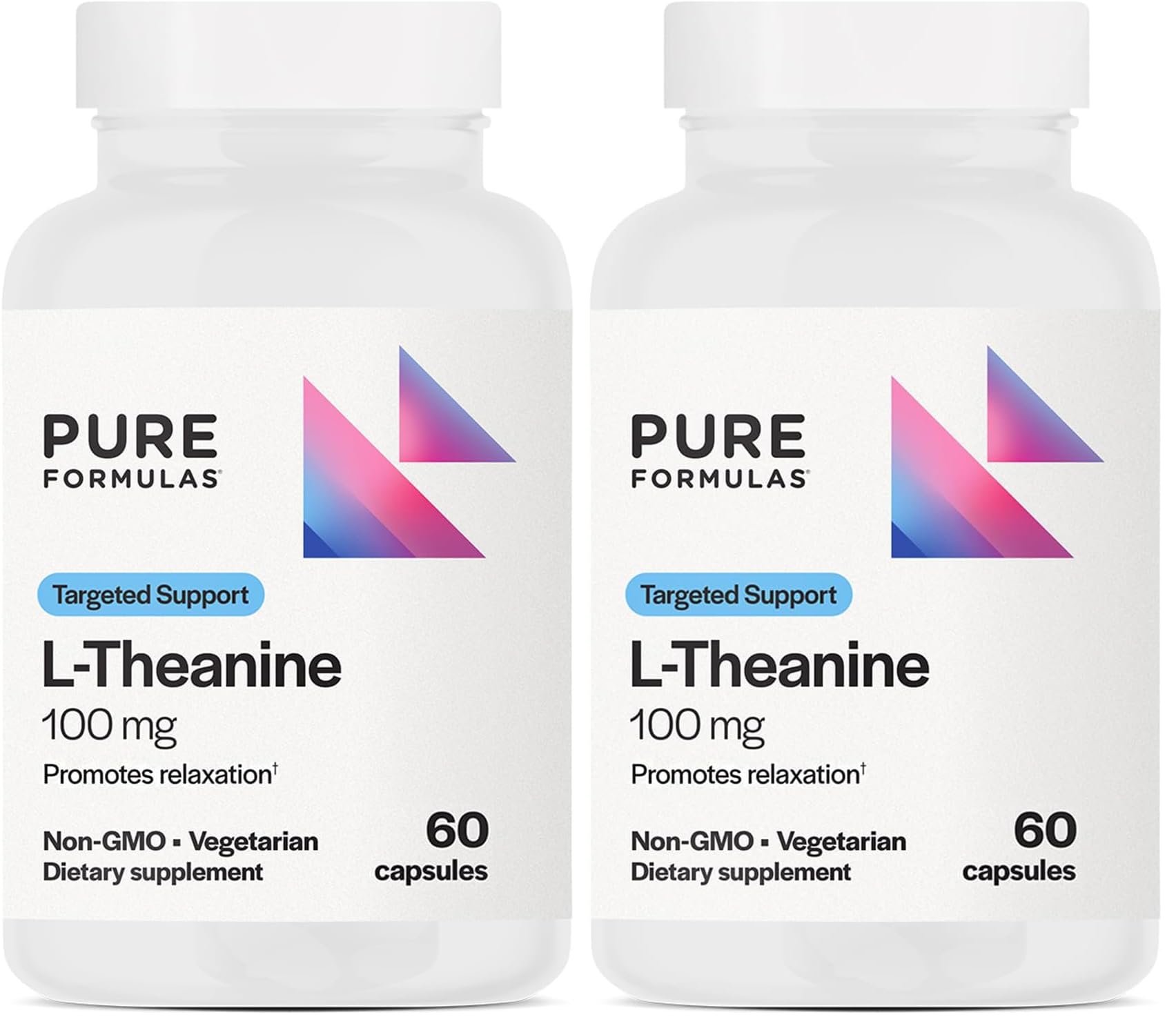 PureFormulas L-Theanine Supplement 100 mg – Supports Stress Levels, Relaxed State, Mood, Sleep | Dairy Free, Soy Free, Non-GMO (60 Vegetarian Capsules, Pack of 2)