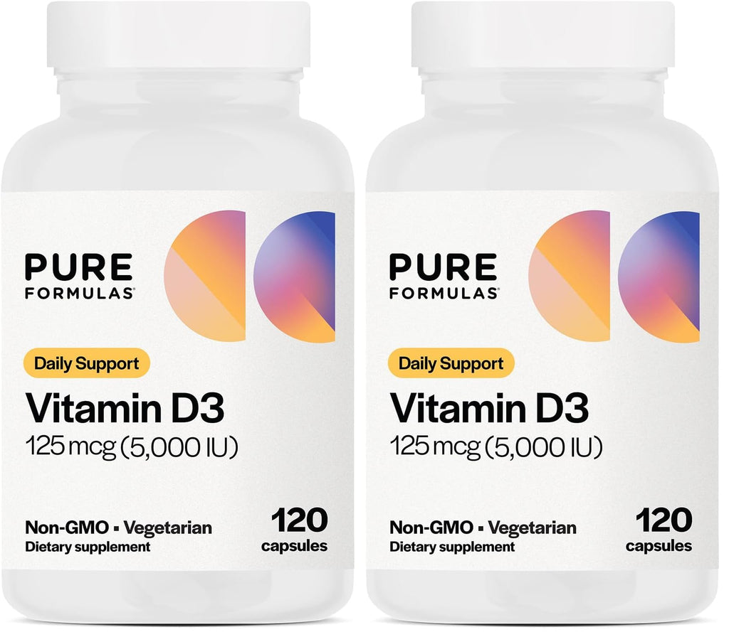 PureFormulas Vitamin D3 5000 IU (125 mcg) – 120-Count Vegetarian Capsules Pack of 2 | Non-GMO Vitamin D Supplement for Bones, Teeth & Immune Support
