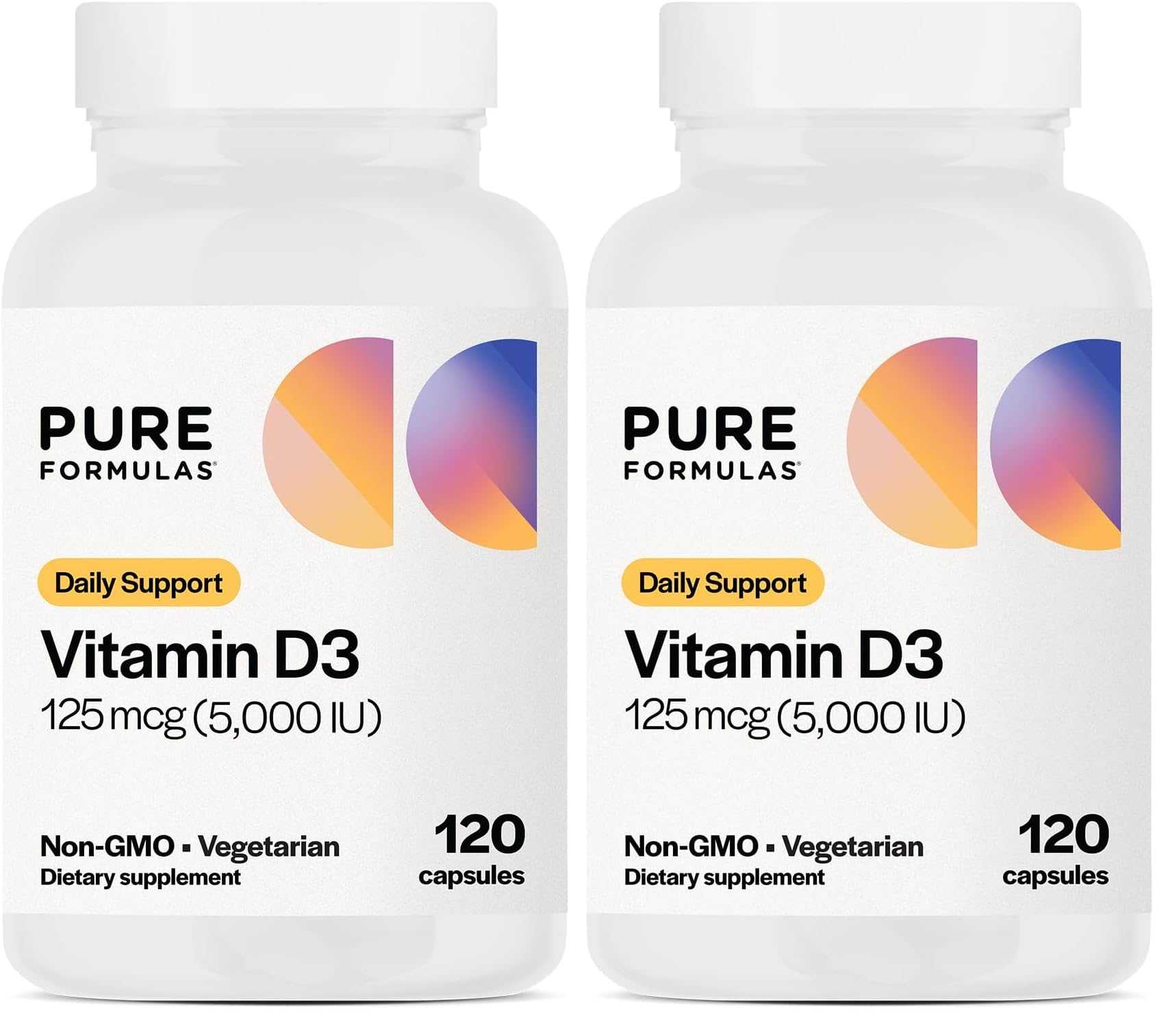 PureFormulas Vitamin D3 5000 IU (125 mcg) – 120-Count Vegetarian Capsules Pack of 2 | Non-GMO Vitamin D Supplement for Bones, Teeth & Immune Support