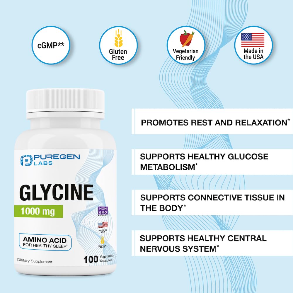 Puregen Labs Glycine 1000mg – 100 Vegetarian Capsules | Sleep Support | Made in USA
