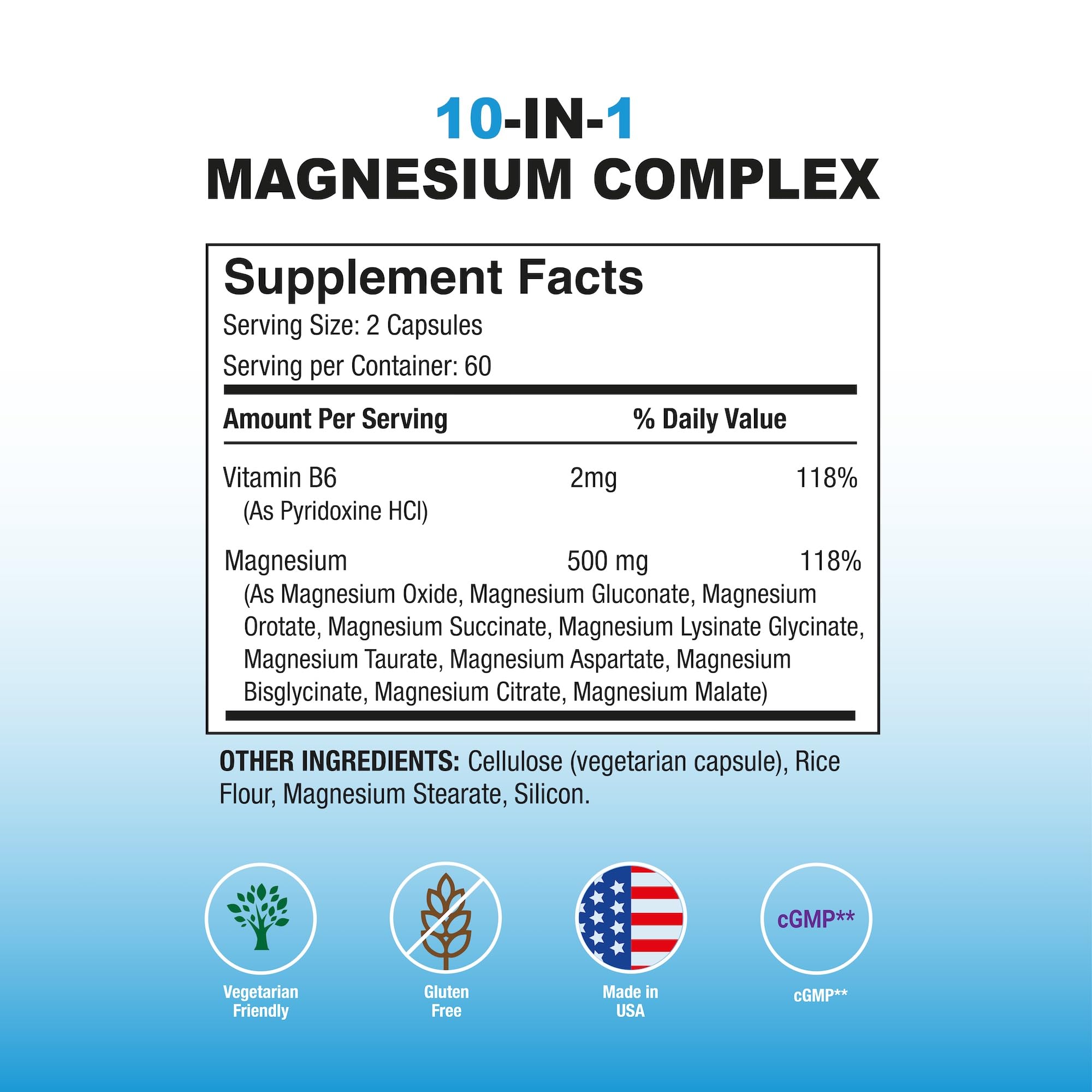 Puregen Labs 10-in-1 Magnesium Complex 500mg with B6 - 120 Veggie Capsules - High Absorption, Bioactivity, Non-GMO, Gluten & Dairy Free - Made in USA