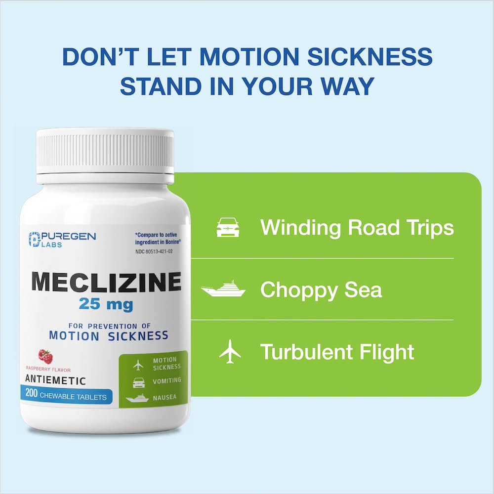 Puregen Labs Meclizine 25 mg Antiemetic – 600 Chewable Raspberry Tablets (Dairy-Free, Made in USA) Motion Sickness Relief