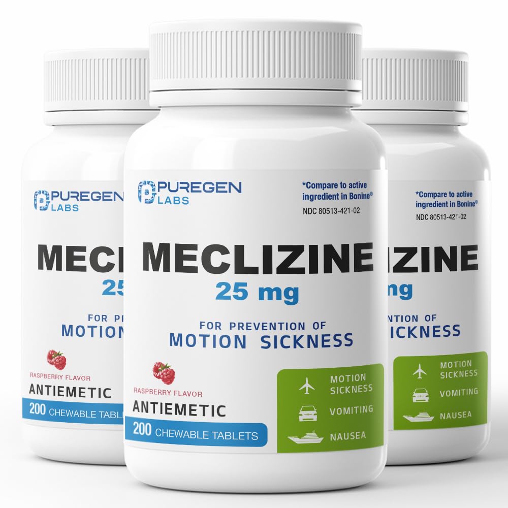 Puregen Labs Meclizine 25 mg Antiemetic – 600 Chewable Raspberry Tablets (Dairy-Free, Made in USA) Motion Sickness Relief
