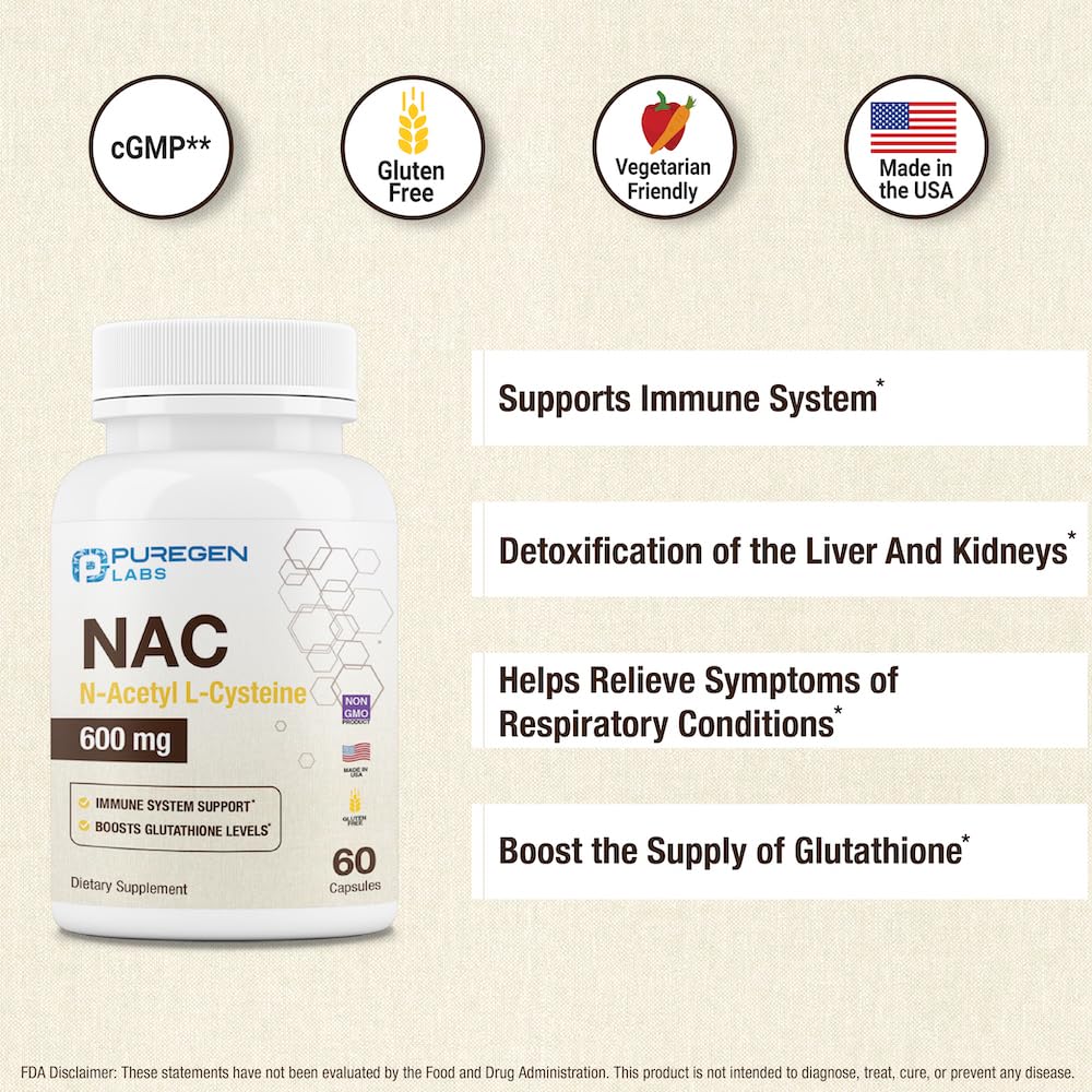 Puregen Labs N-Acetyl-L-Cysteine (NAC) 600mg | Immune, Respiratory & Liver Support | 120 Veggie Capsules