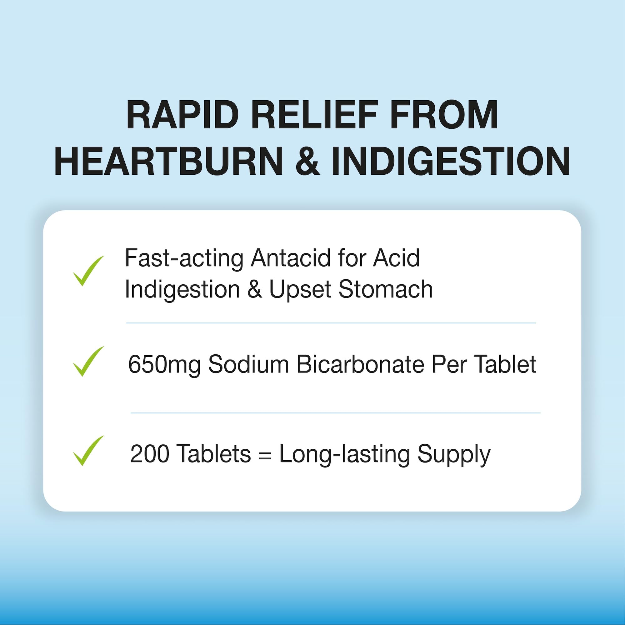 Puregen Labs Sodium Bicarbonate Tablets 650mg (10 Grains) - 200 Count | USP Grade Baking Soda Supplement, Natural Relief of Acid Indigestion, Heartburn, Sour Stomach & Upset Stomach