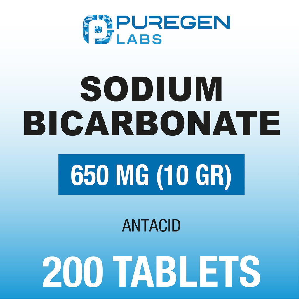 Puregen Labs Sodium Bicarbonate Tablets 650mg (10 Grains) - 200 Count | USP Grade Baking Soda Supplement, Natural Relief of Acid Indigestion, Heartburn, Sour Stomach & Upset Stomach