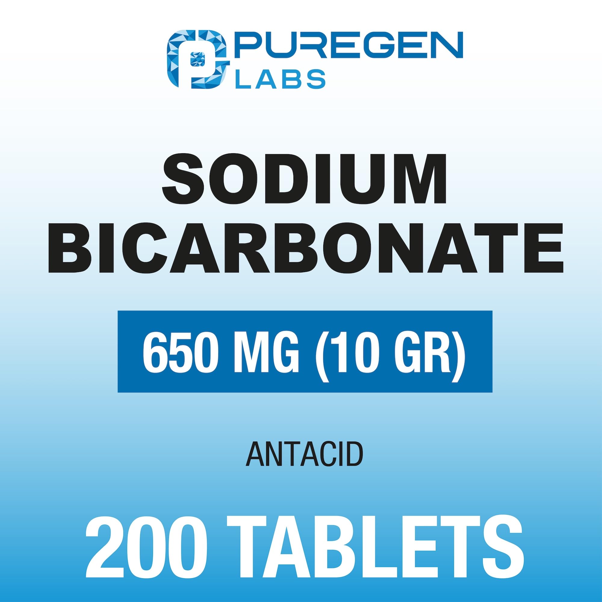 Puregen Labs Sodium Bicarbonate Tablets 650mg (10 Grains) - 200 Count | USP Grade Baking Soda Supplement, Natural Relief of Acid Indigestion, Heartburn, Sour Stomach & Upset Stomach