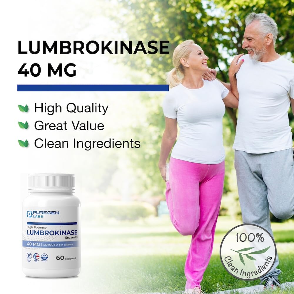 Puregen Labs Lumbrokinase 40mg per Capsule – High Potency Enzymes | Non-GMO, Gluten Free, Made in USA | 120 Vegetarian Capsules