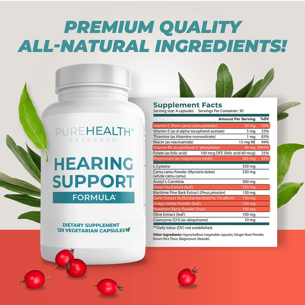 PUREHEALTH RESEARCH Hearing Support Formula – Natural Tinnitus Relief with Flavonoids & Vitamins