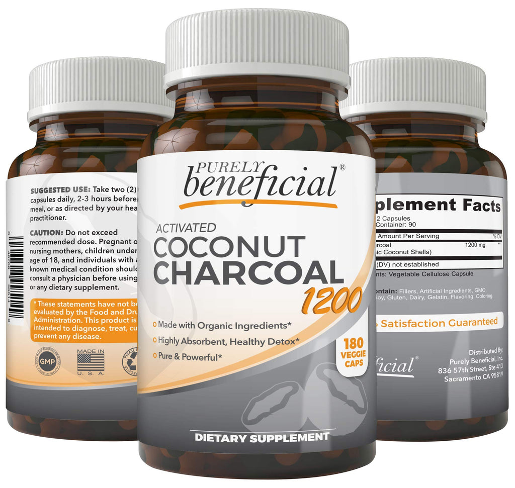Purely Beneficial Activated Coconut Charcoal 1200mg – 180 Capsules | Digestive Support, Vegan