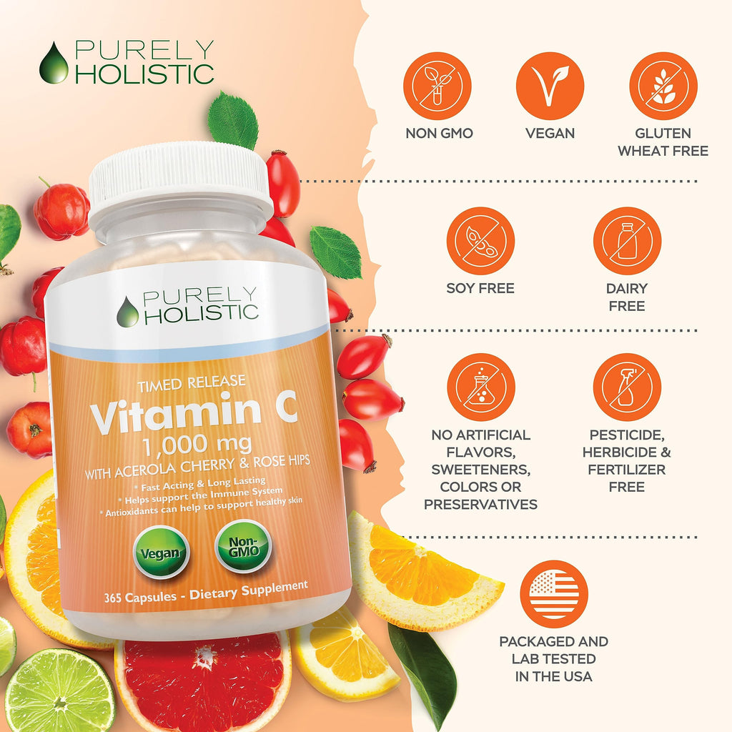 Purely Holistic Vitamin C 1000mg Timed Release | 365 Capsules, 12-Month Supply | Vegan