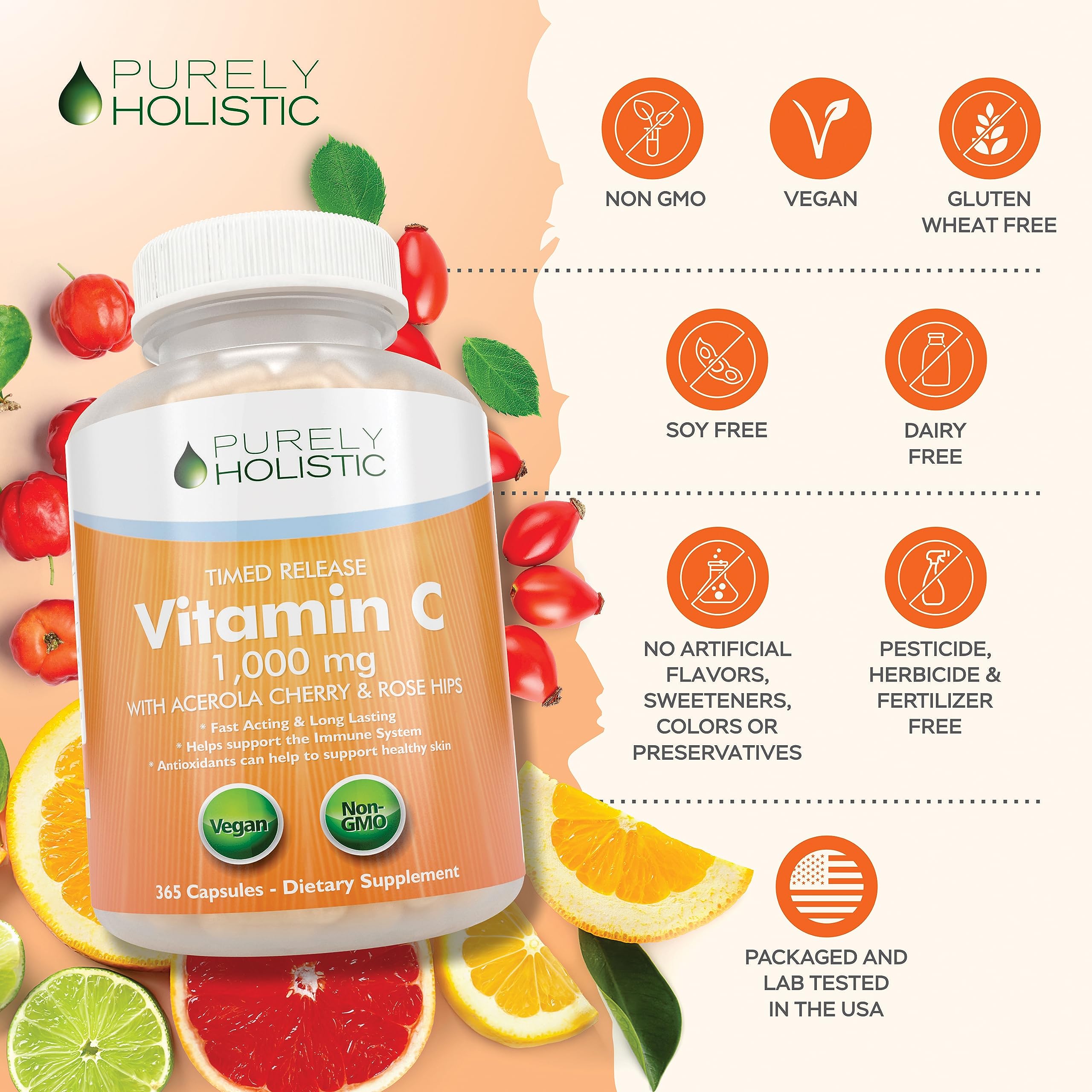 Purely Holistic Vitamin C 1000mg Timed Release | 365 Capsules, 12-Month Supply | Vegan