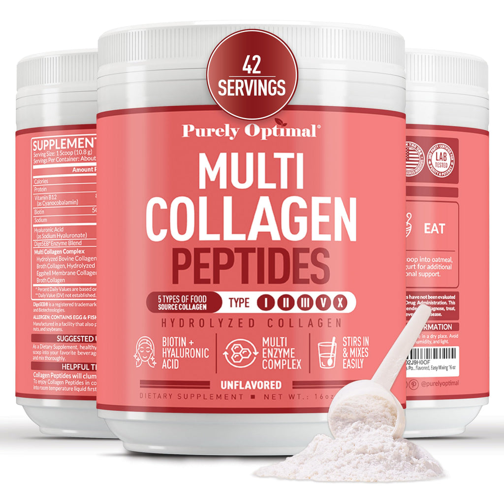 Purely Optimal Multi Collagen Powder for Women – 5 Types, Biotin & Hyaluronic Acid (Unflavored, 42 Servings)