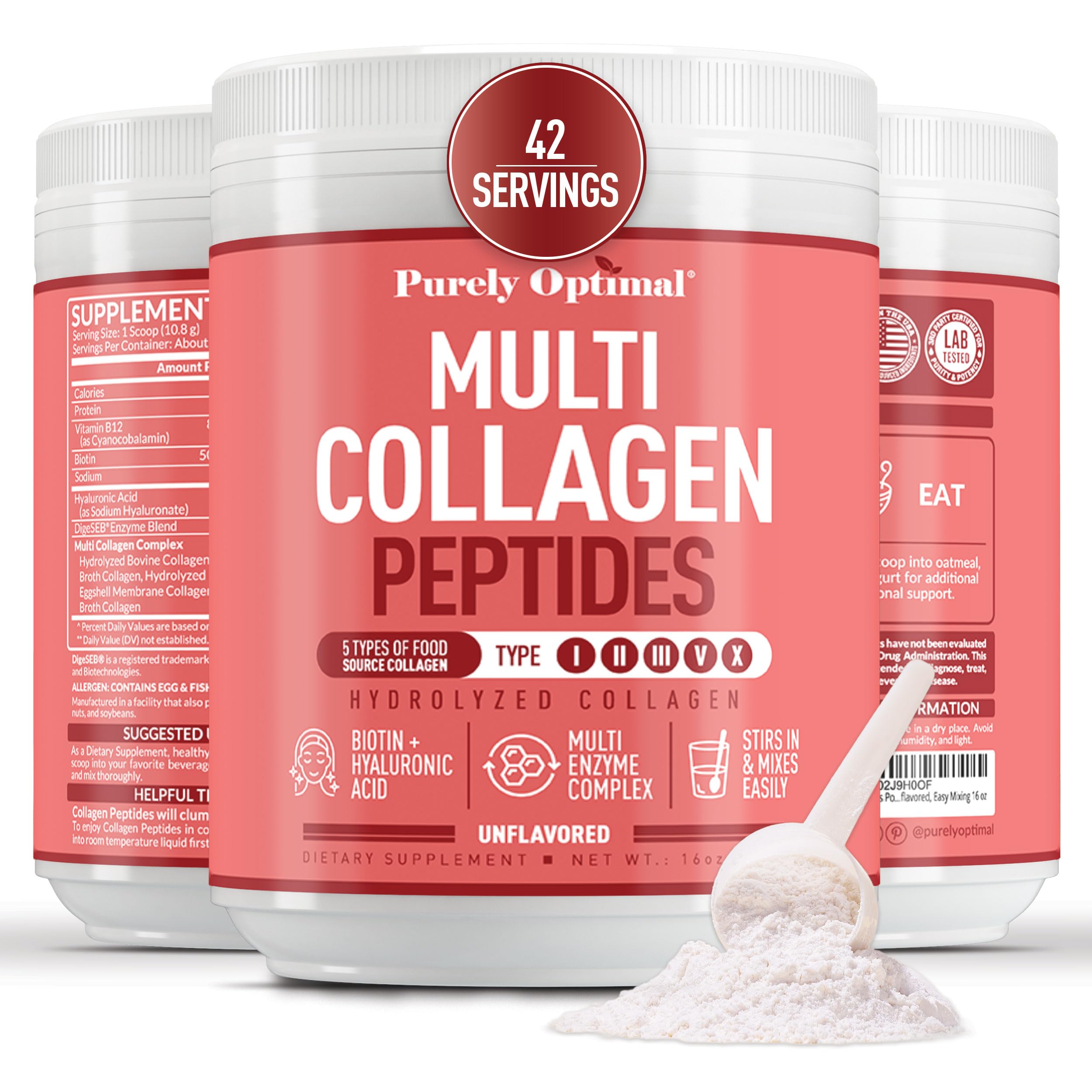 Purely Optimal Multi Collagen Powder for Women – 5 Types, Biotin & Hyaluronic Acid (Unflavored, 42 Servings)