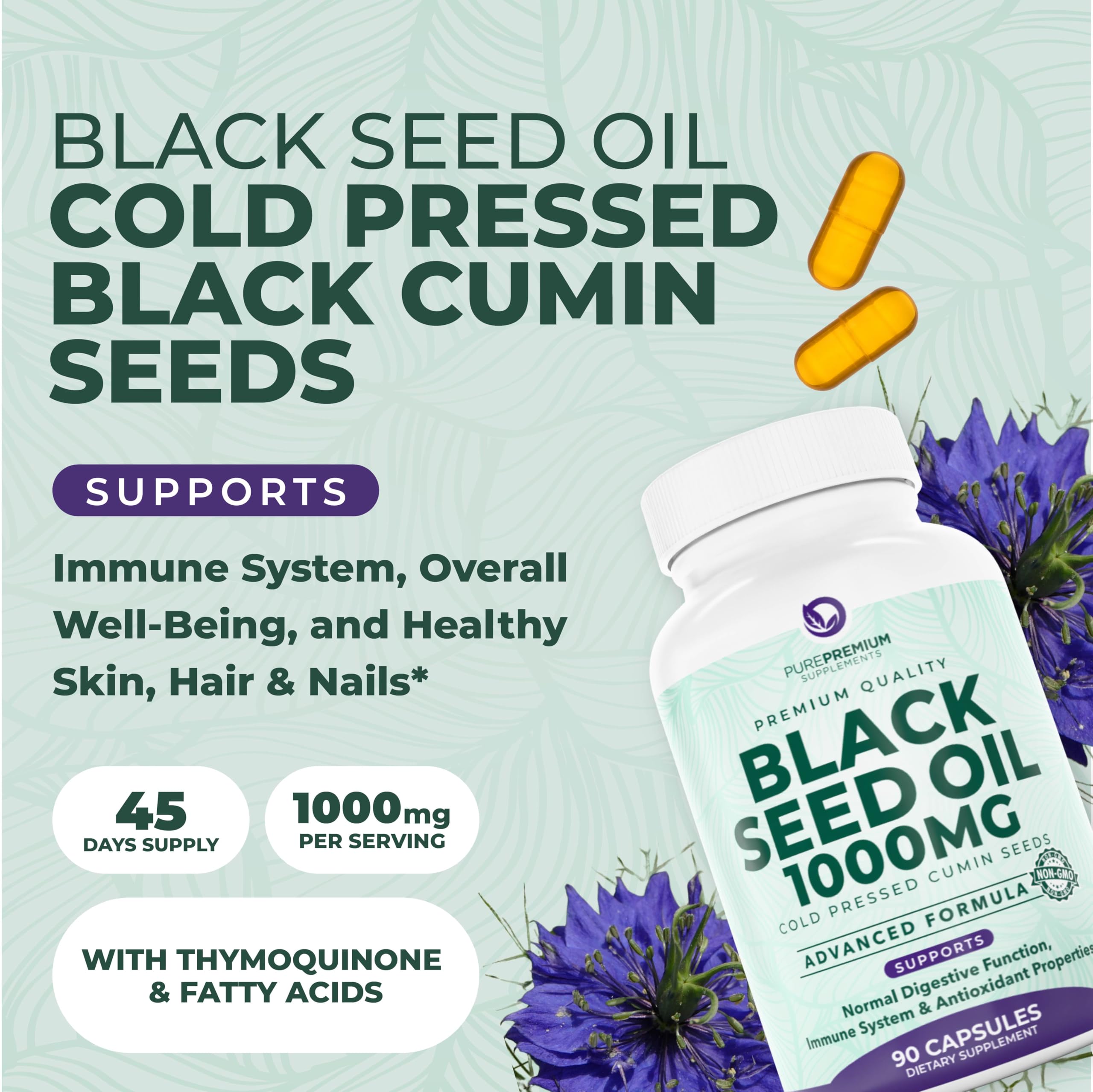 PurePremium Black Seed Oil 500mg - Organic Nigella Sativa, 90 Capsules