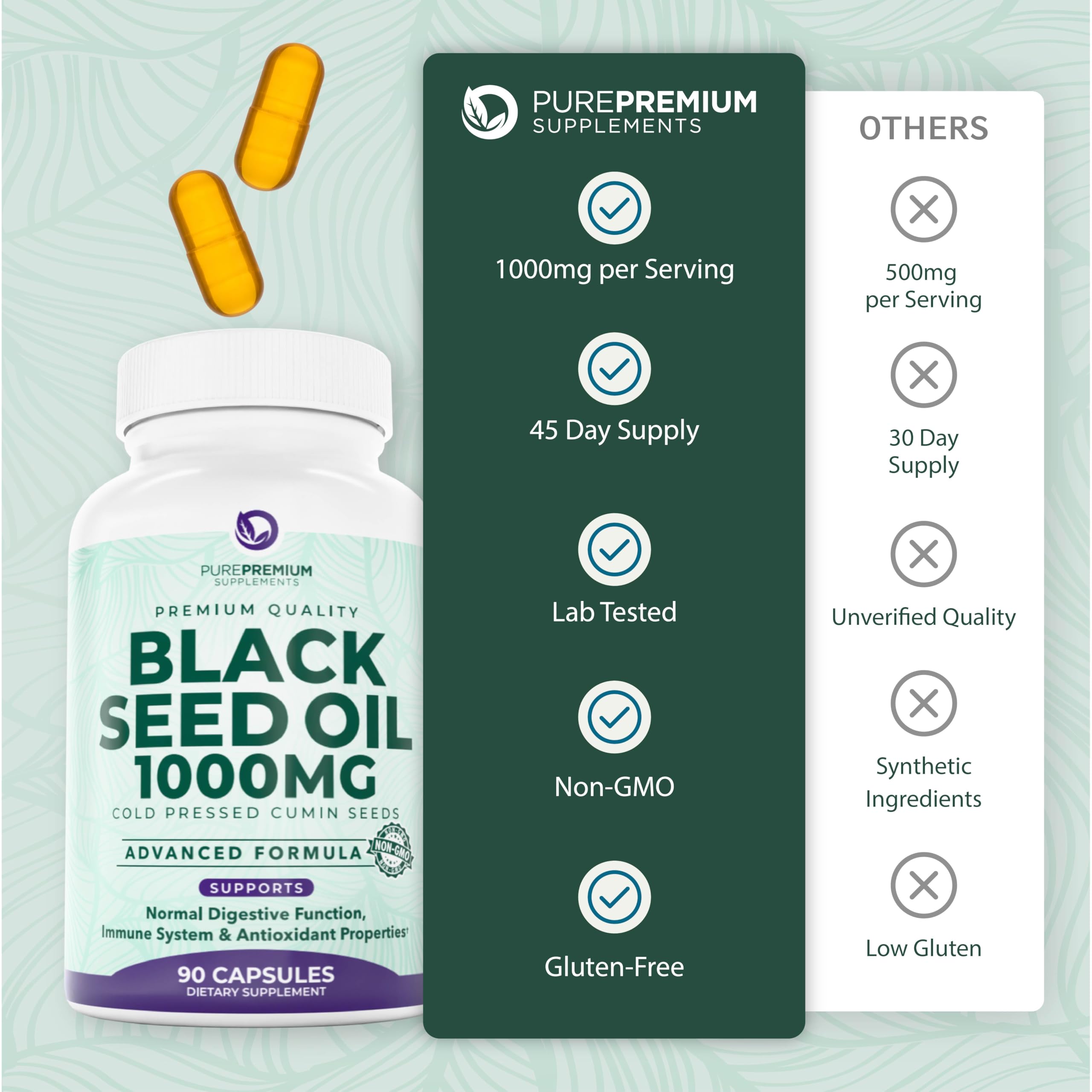 PurePremium Black Seed Oil 500mg - Organic Nigella Sativa, 90 Capsules