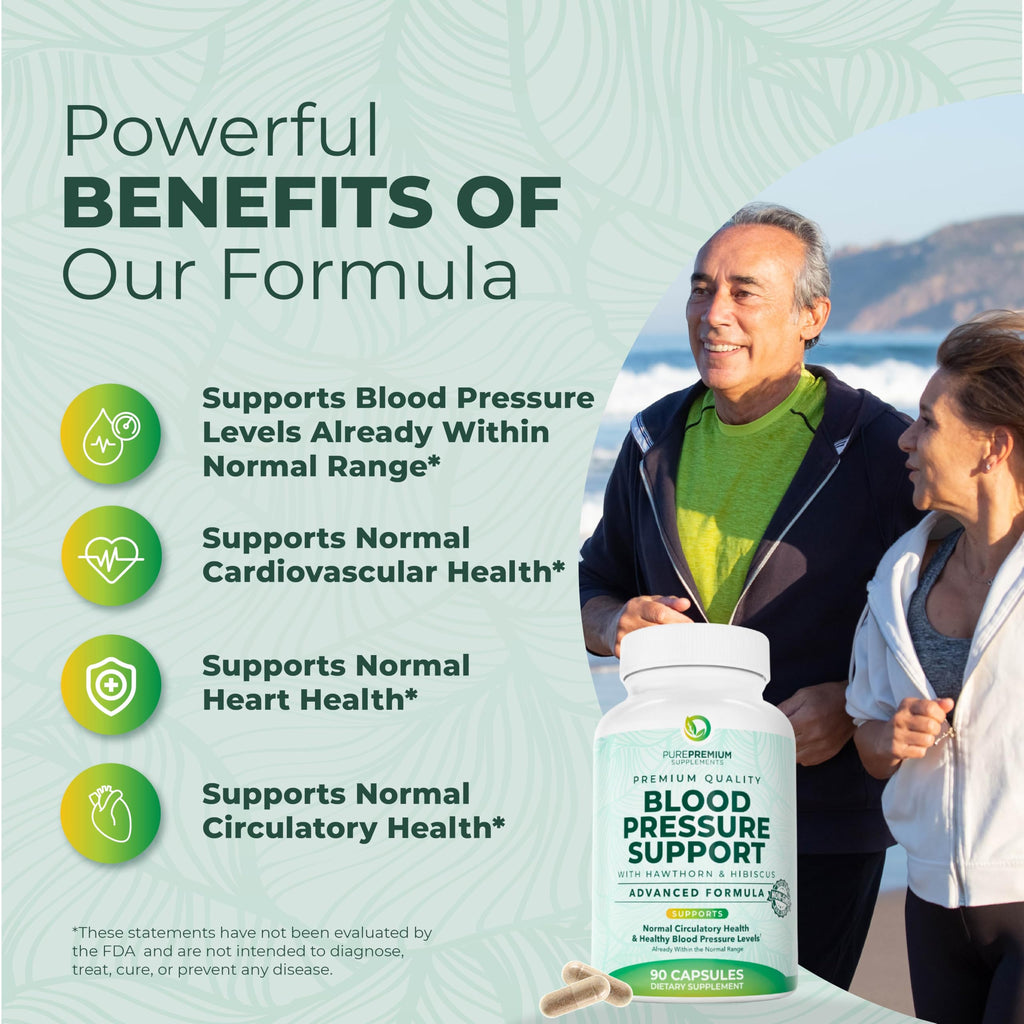 PurePremium Blood Pressure Supplements – Hawthorn, Hibiscus, Garlic & Vitamin B12 | Nitric Oxide Support for Heart & Circulation, 90 Count