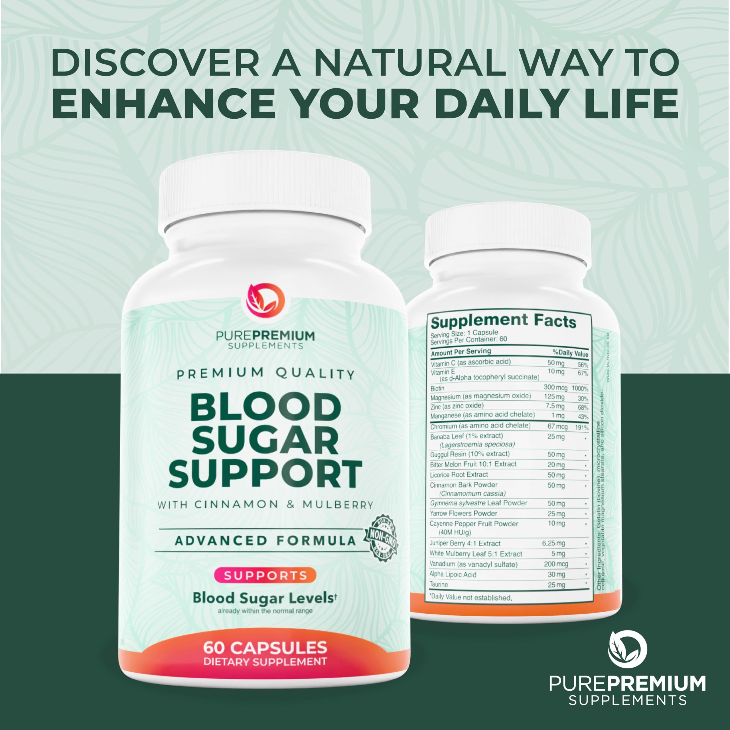 PurePremium Normal Blood Sugar Support – 60ct (20 Active Ingredients) Cinnamon, Bitter Melon, Chromium, Mulberry