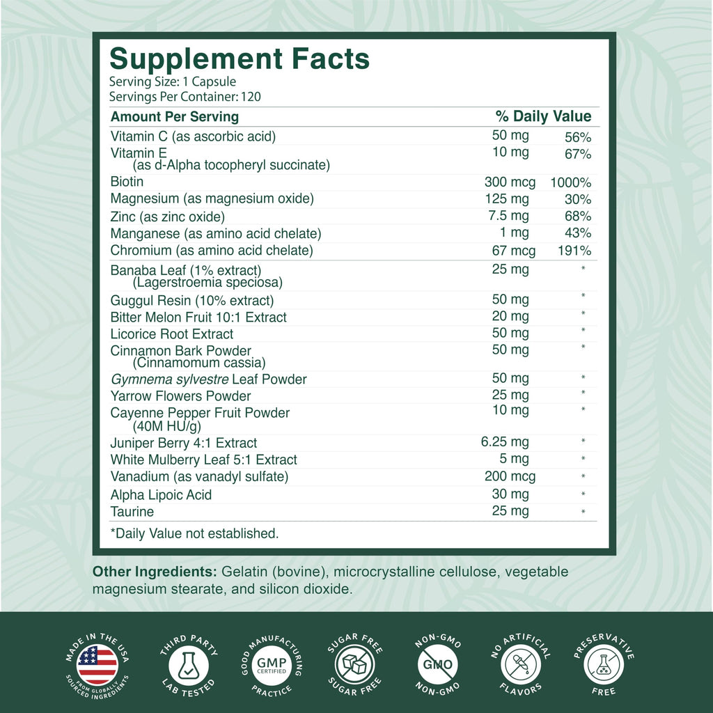 PurePremium Normal Blood Sugar Support Supplement - 120ct with 20 Active Ingredients including Cinnamon, Bitter Melon, Chromium & Mulberry