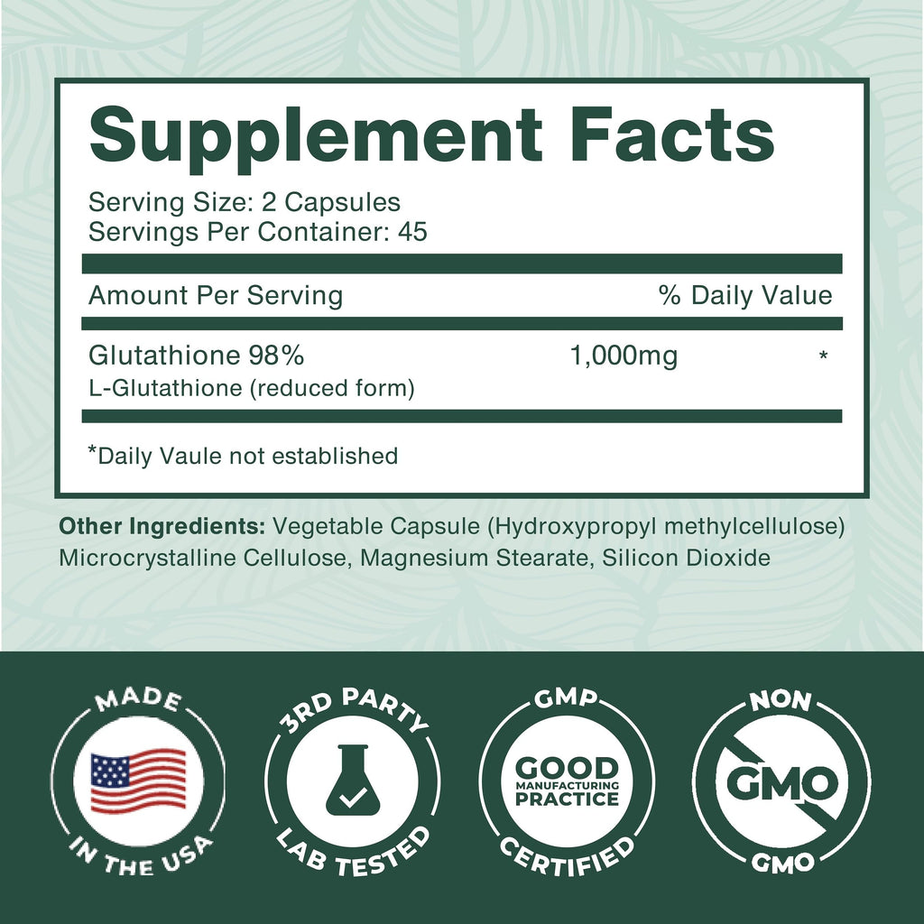 PurePremium Reduced Glutathione 1000mg – 90 Capsules | Antioxidant Liver Brain Skin Heart