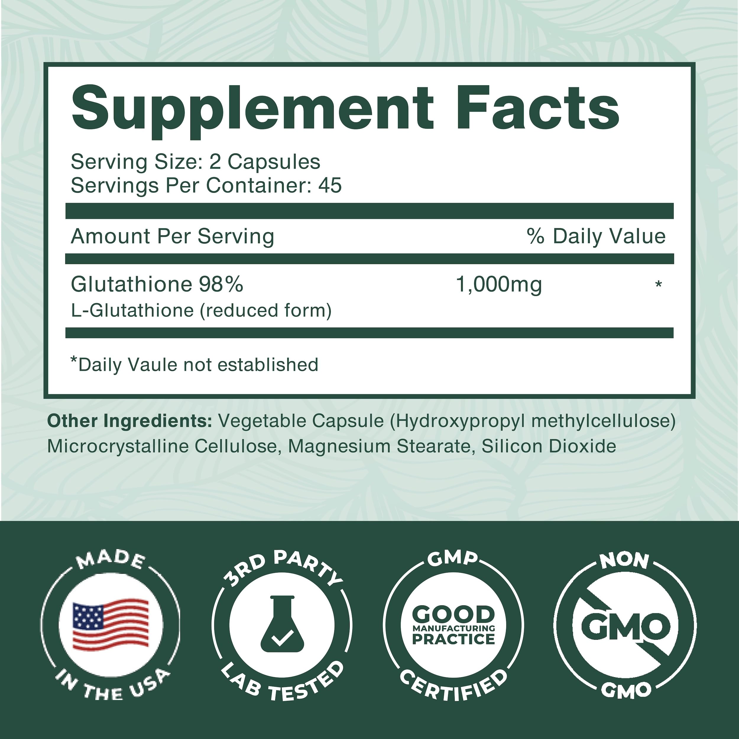 PurePremium Reduced Glutathione 1000mg – 90 Capsules | Antioxidant Liver Brain Skin Heart